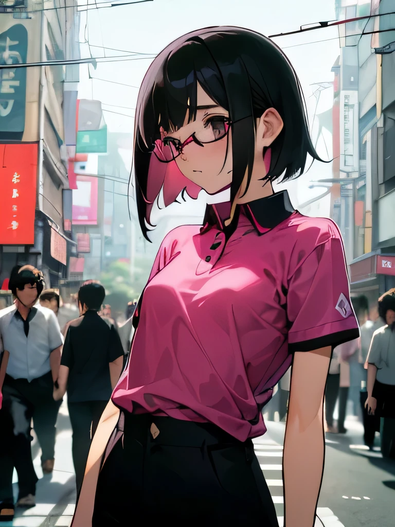 40&#39; No bra, lower body, Japanese, very short, pubic hair, transparent, small breasts, embarrassing, Shyness, worries, Black hair, magenta polo shirt, small-rimmed glasses, short sleeves, black pants (a large crowd gathers)、(on the streets of tokyo