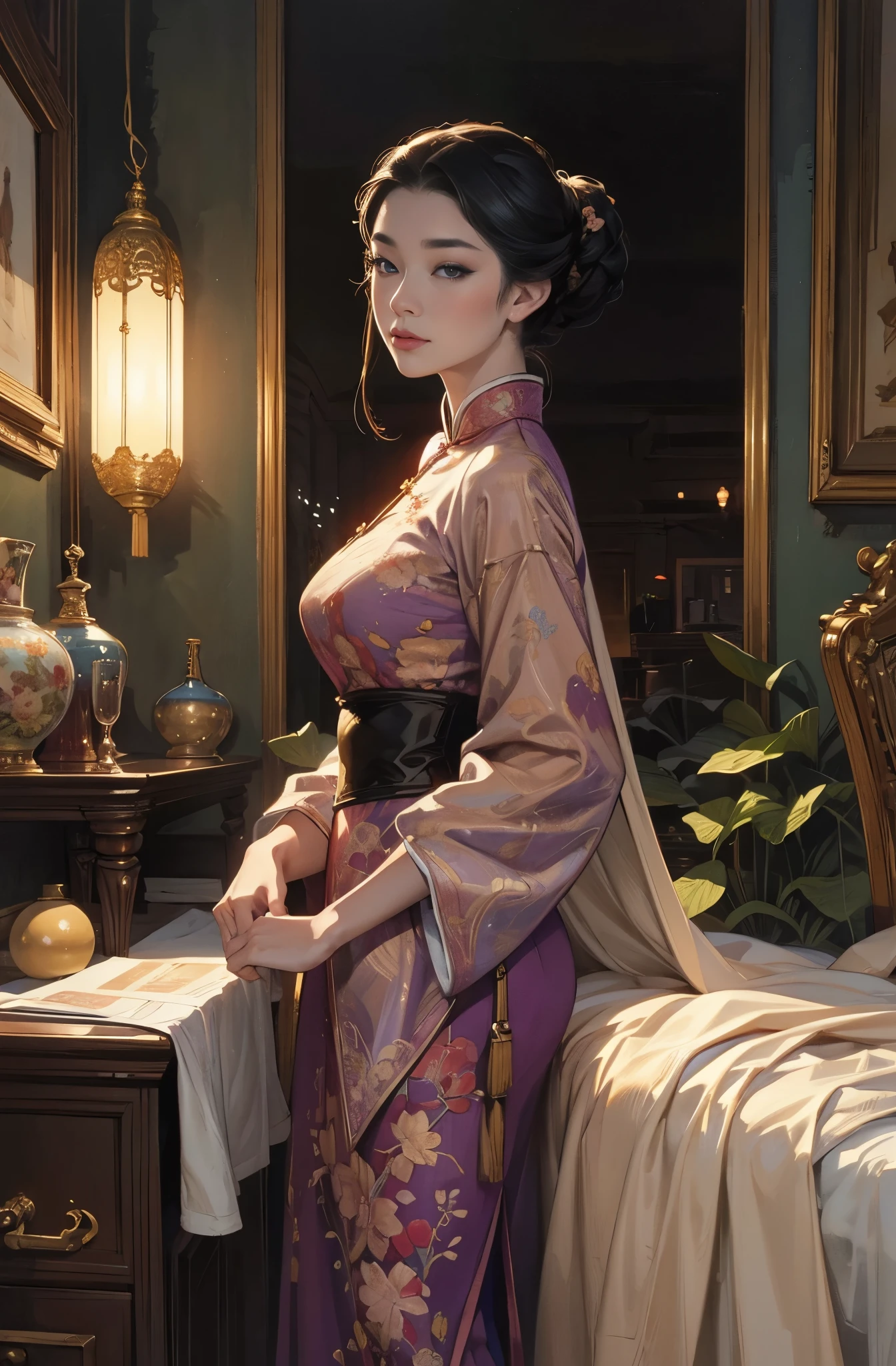 A painting of a beautiful young woman standing quietly, summerside night, beautiful hong kong night view, Suite room in high-rise apartment, Million Dollar Night View, Chinese secret agent, talented female spy, First Class Saboteur She is wearing an elegant purple cheongsam......., Works that influenced Chen Yifei, Works that influenced Francesco Hayes, Inspired by Hendrik Terbruggen, Jean＝Works that influenced Auguste Dominique Ingres, Inspired by Liu Jun, Jean＝Works that influenced Auguste Dominique Ingres, highest quality, perfect angle, perfect composition, best shot, official art, cinematic light, figurative art, intense watercolor, watercolor detailed art,Beautiful and expressive paintings, Beautiful artwork illustration, wonderful, cool beauty, clear, Mysterious, highest quality, official art, perfect composition,perfect angle, Perfect light and shadow contrast, perfect shadow, sharp shadow, cinematic light, best shot, women only, sharp outline, melancholy, nostalgia, nostalgia,sharp and long eyes, Very beautiful and delicate eyes, ideal animation,　melancholy, nostalgia, romantic, 1960s, beautiful cityscape, Hong Kong travel diary, sepia colored memories, unforgettable woman, Close-up