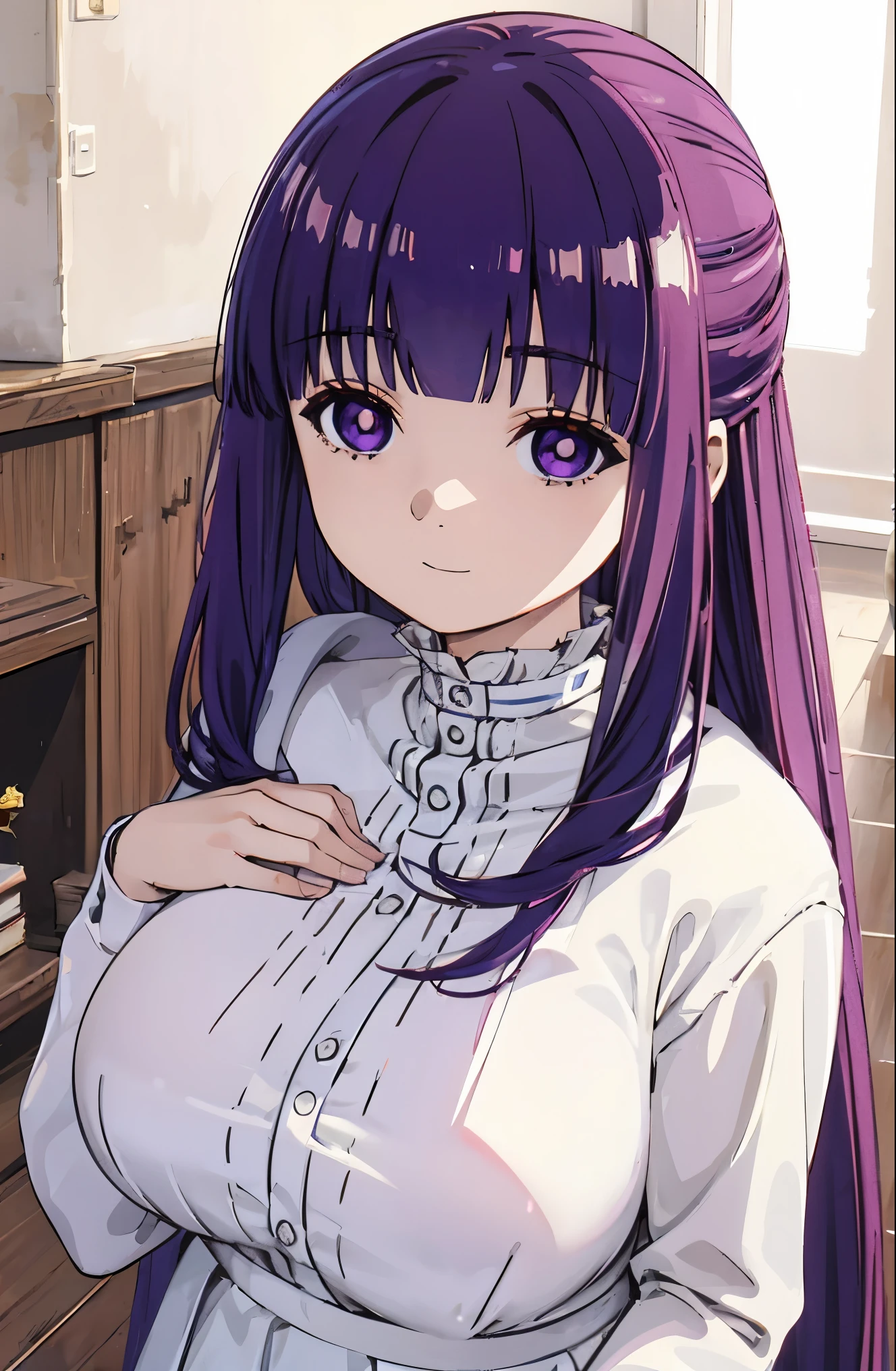 purple hair、long hair、big breasts、pure white wedding dress、happy face、sunshine、date、Highest image quality