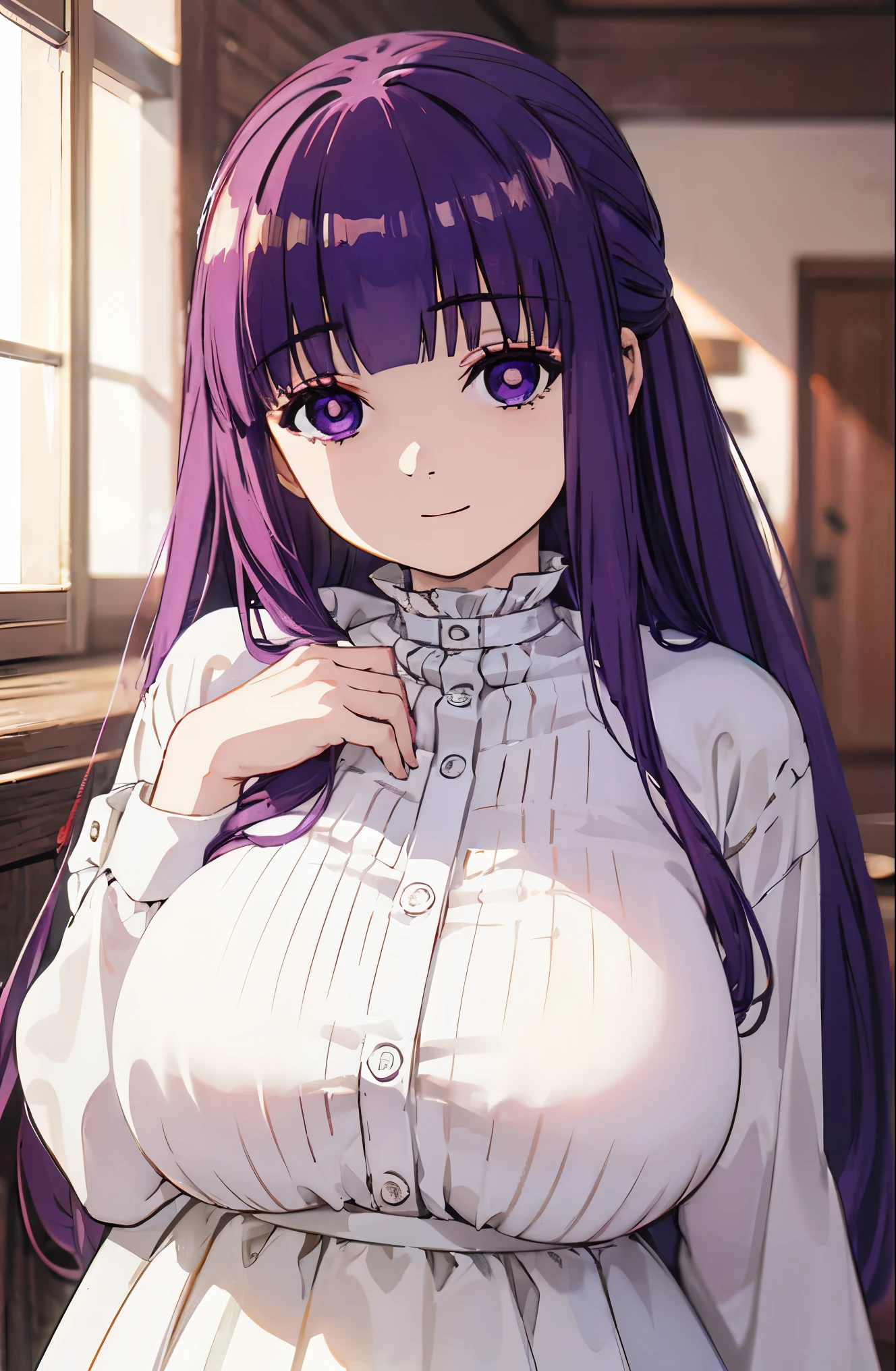 purple hair、long hair、big breasts、pure white wedding dress、happy face、sunshine、date、Highest image quality