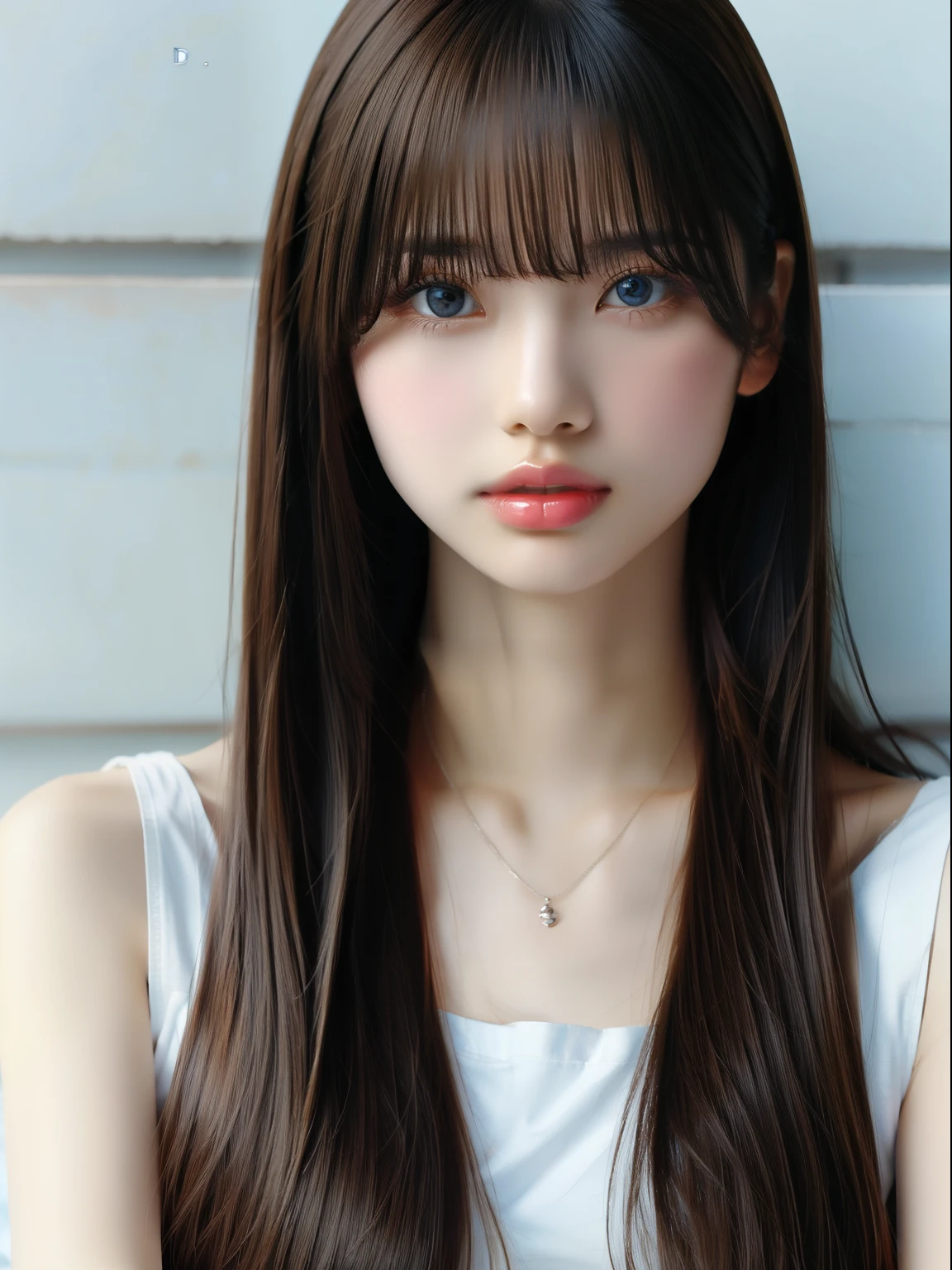 super long straight hair、Long bangs on the face,、Blonde girl posing in white top、real girls、 girl、beautiful platinum blonde girl、beautiful big blue eyes、cheek gloss highlight、very white skin、bright look、lean forward