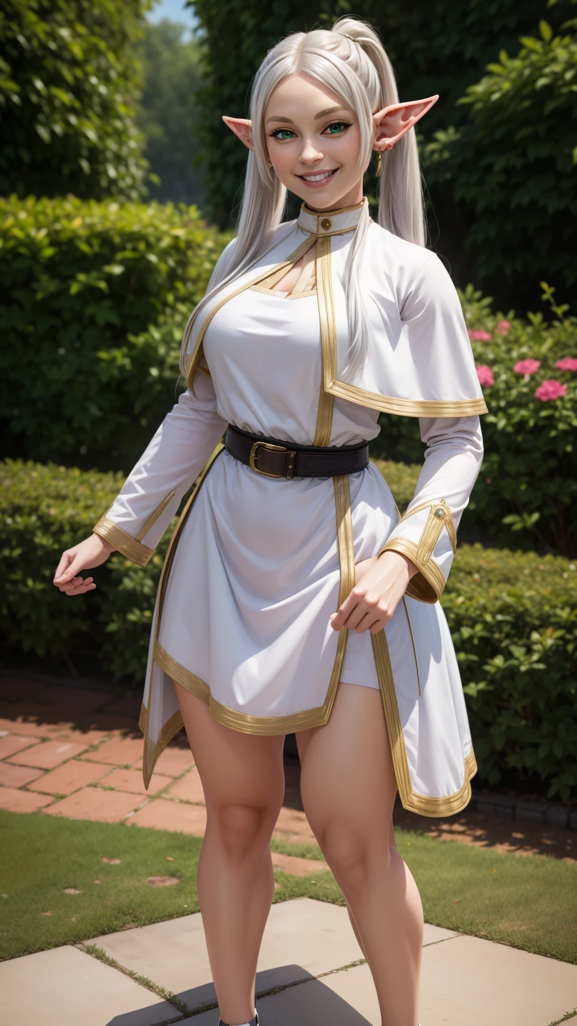 best quality, masterpiece, 1girl, (solo:1.1), raytracing, ultra detailed,detailed face, 8k wallpaper, smile, wide hips, FrierenNDV, 1girl, white hair, twintails, green eyes, medium breasts, long hair, pointy ears, elf, parted bangs, white capelet, white dress, belt, long sleeves, outdoor, standing, dynamic pose