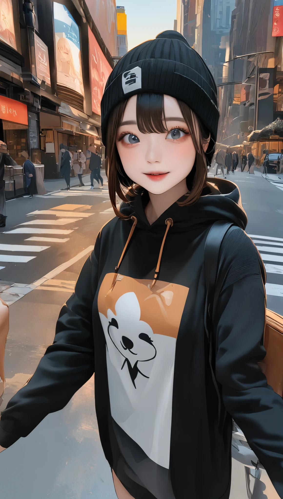 ((highest quality)), A girl wearing a black hoodie and a black hat looking down、boyish girl、An ennui look、one girl、、unparalleled beauty、cute face、Complex and detailed depictions、Downtown New York、masterpiece:1.5、best image quality、ultra high resolution