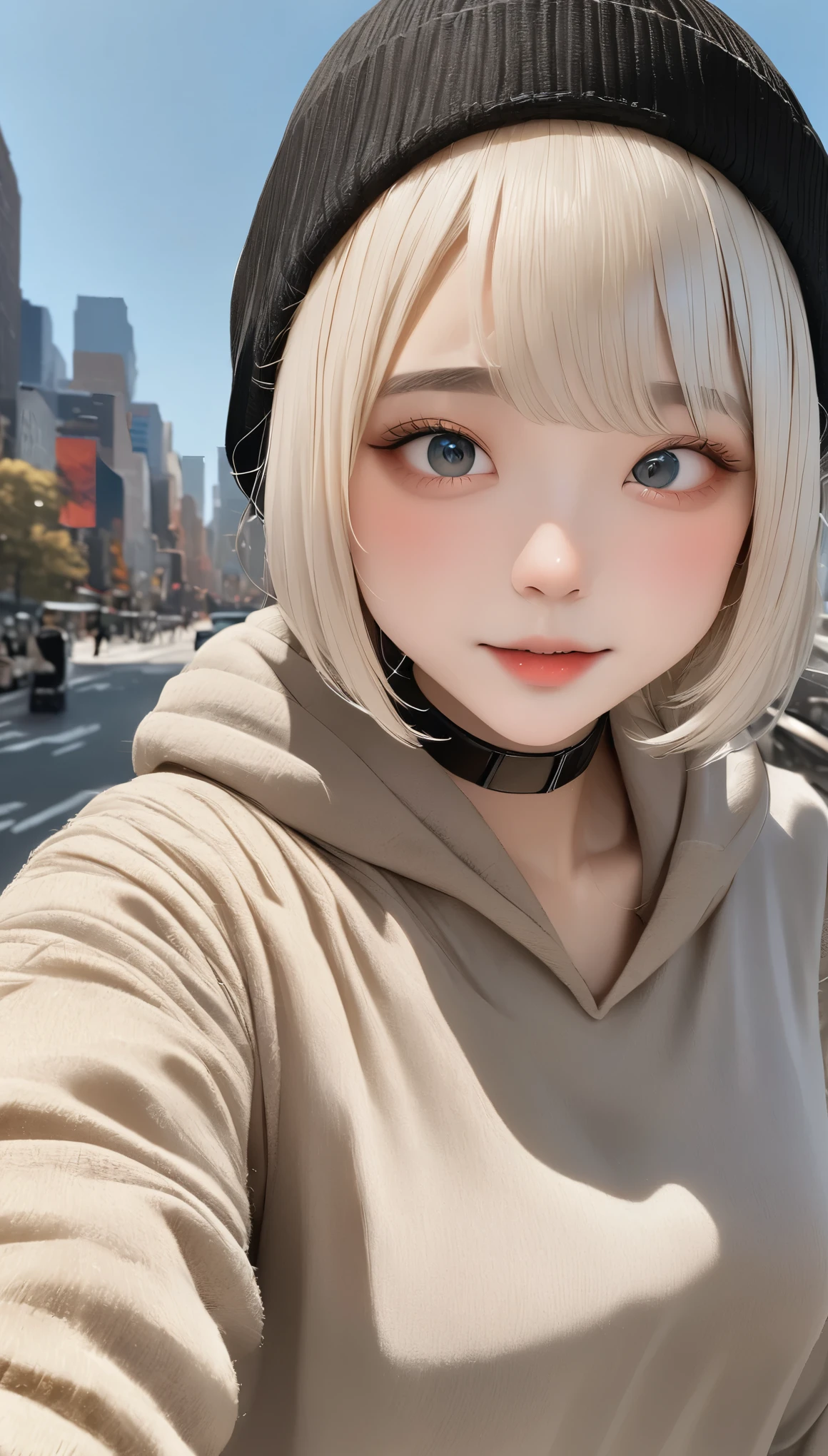 ((highest quality)), A girl wearing a black hoodie and a black hat looking down、boyish girl、An ennui look、one girl、、unparalleled beauty、cute face、Complex and detailed depictions、Downtown New York、masterpiece:1.5、best image quality、ultra high resolution