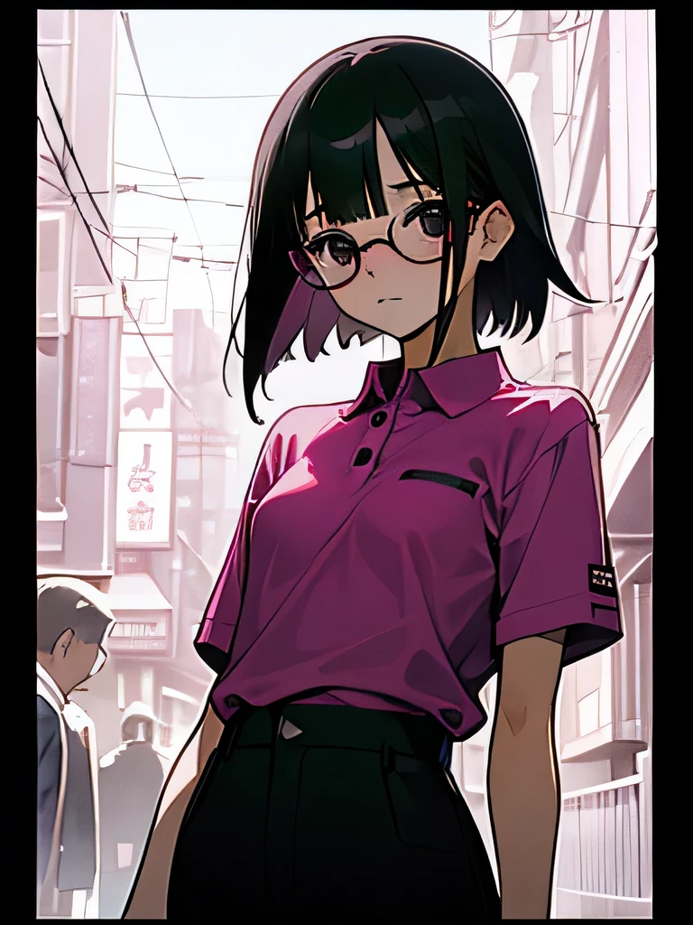 40' No bra, lower body, Japanese, very short, pubic hair, transparent, small breasts, embarrassing, Shyness, worries, Black hair, magenta polo shirt, small-rimmed glasses, short sleeves, black pants (a large crowd gathers)、(on the streets of tokyo