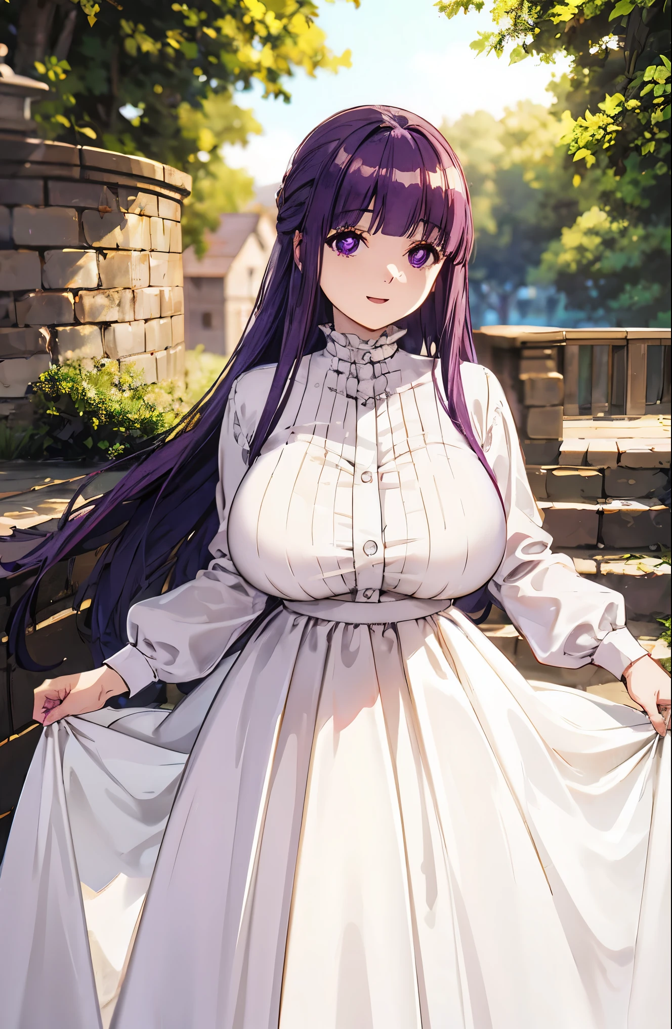 purple hair、long hair、big breasts、pure white wedding dress、happy face、sunshine、date、Highest image quality