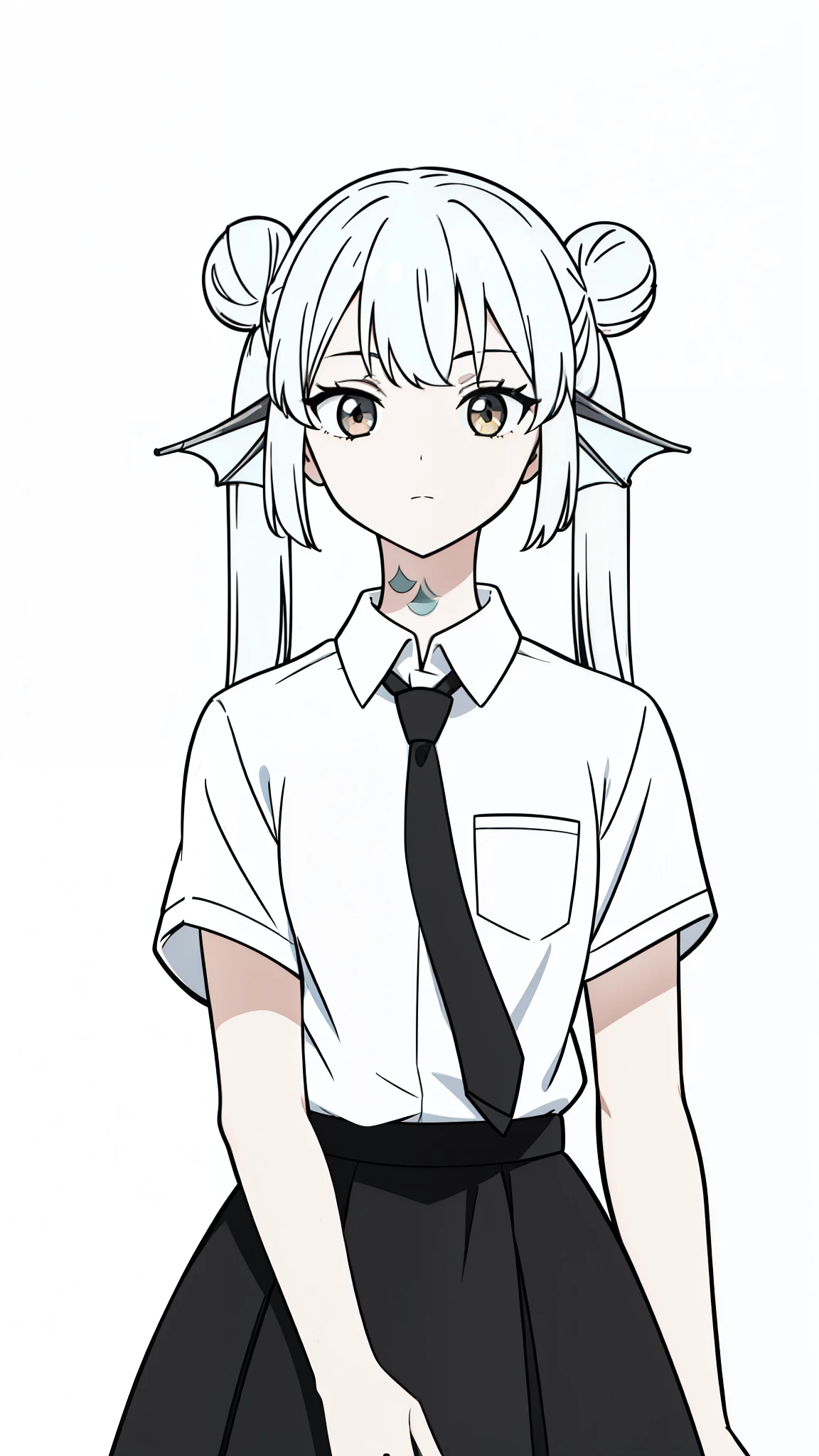 1girl,20 years old,solo,(white background,line drawing),long hair,white hair,finana,twintails,double bun,((white shirt,short sleeves,black standart tie,black skirt)),upper body,smug