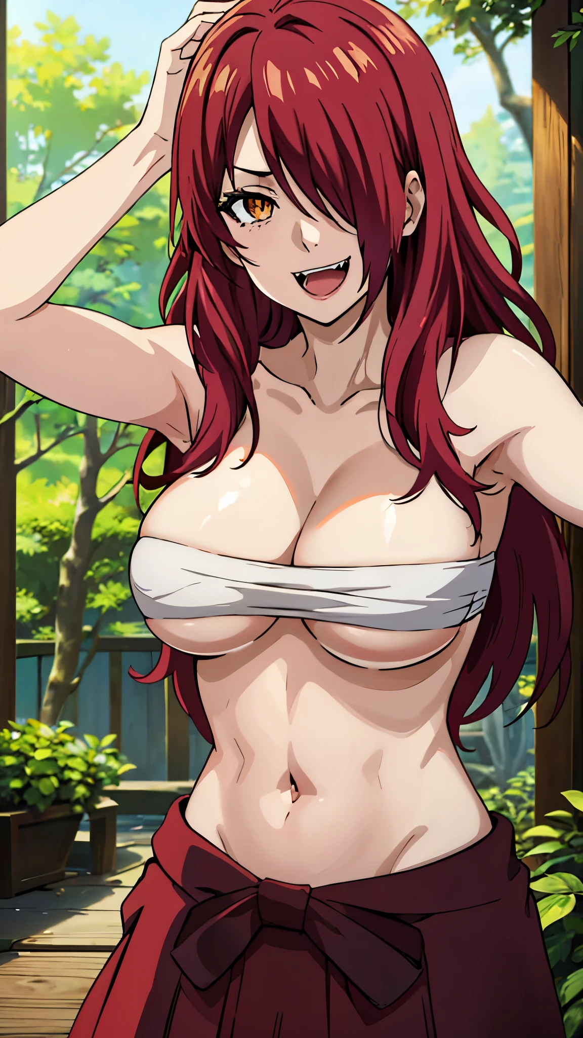 masterpiece, highres, solo, 8k, detailed, perfect face, best quality, (ultra high quality), (looking at viewers), (armpit), collarbone, bare arms, big breast, cleavage, red hair, long hair, (hair cover one eye), golden eye, belly, stomach, navel, abs, sarashi chest, bandaged breast, white bandage, (red hakama), slim body, upper body, open mouth, fangs, smile, at forest, hand up