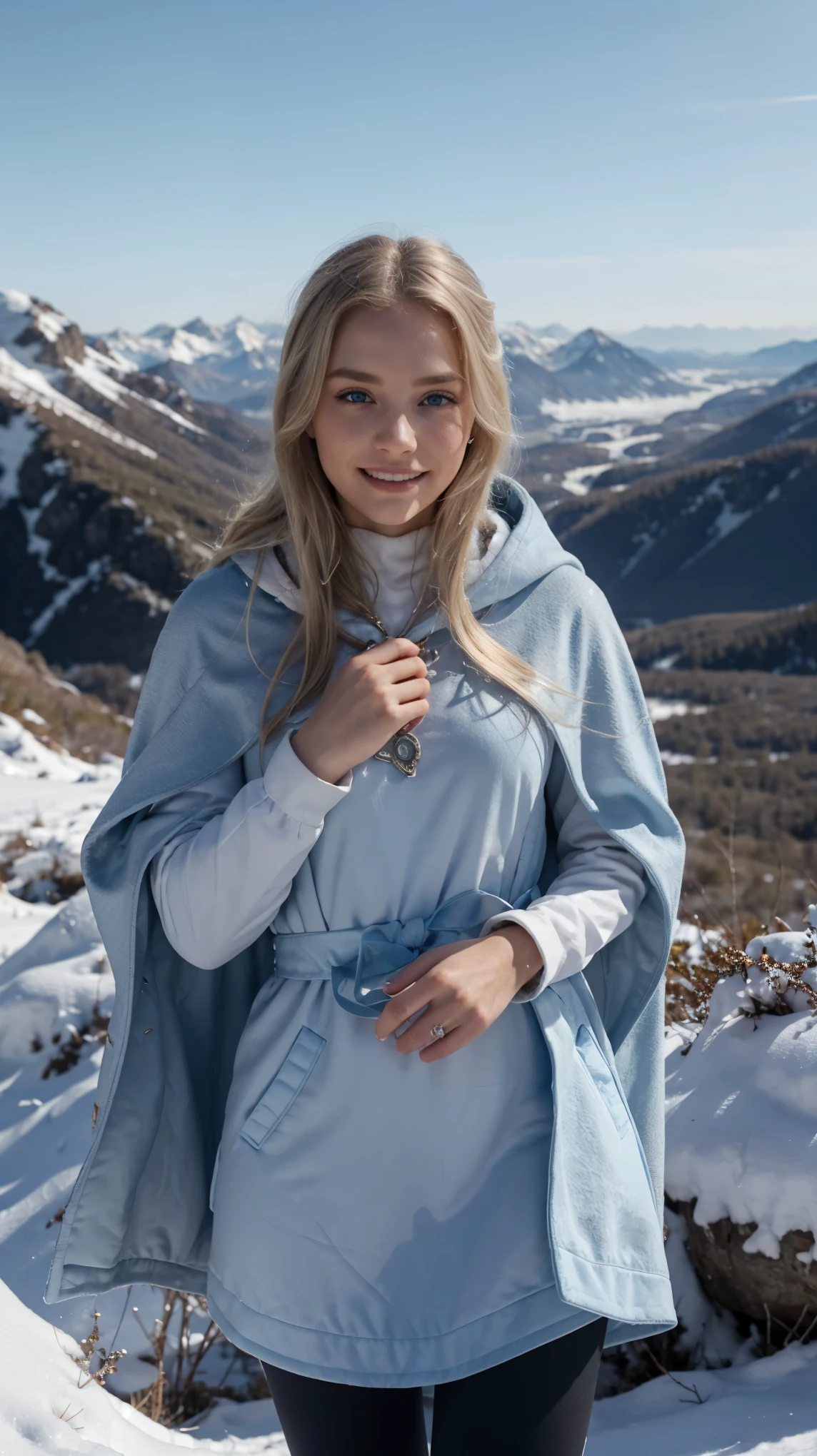 iamsophia (detailed), perfect face, realistic photo of beautiful woman, blue eyes, piercing eyes, long hair, blond hair, wearing detailed necklace, Polish, influencer, light freckles, big lips, wearing detailed diamond bracelet, wearing detailed branded watch, wearing detailed diamond ring, Instagram, sharp photo, perfect body, model looking, realistic photo of a woman, golden, blond hair color, perfect detailed hands, perfect detailed fingers, ((best quality)), ((masterpiece)) (smile:1.2) light blue eyes, incredible blue eyes, detailed, photographer_\( ultra\), As the first light of dawn breaks over the horizon, iamsophia stands atop a snow-capped mountain, the world below awash in the soft hues of morning. Her hair, shielded from the crisp air by a hood of pure white fur, frames her face in a halo of warmth. She is wrapped in a cloak of icy blue, the color of the predawn sky, its fabric resistant to the biting wind. Beneath the cloak, her attire is practical yet elegant, a tunic of soft gray and leggings of deep blue, suited for the rugged terrain. Her sky-blue eyes, alight with the fire of the rising sun, gaze out over the world spread beneath her. In her hands, she holds a compass and a map, tools of her journey, her gloves of soft leather etched with silver. This moment, with iamsophia greeting the dawn from the pinnacle of the world, captures her as an explorer of the extreme, her spirit as indomitable as the mountains she conquers.