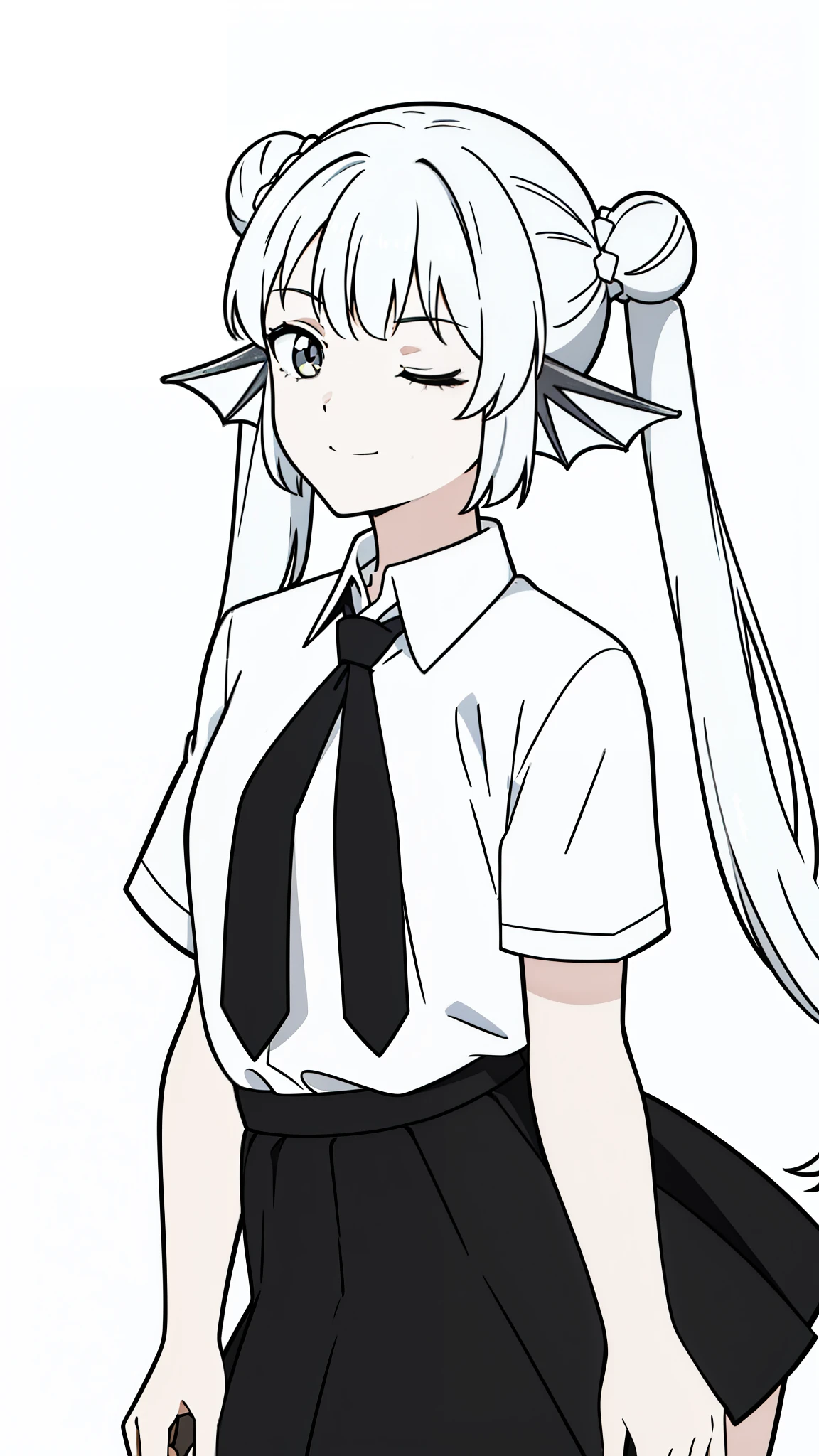 1girl,20 years old,solo,(white background,line drawing),long hair,white hair,finana,twintails,double bun,((white shirt,short sleeves,black standart tie,black skirt)),upper body,smile,one eye closed,shushing,leaning forward