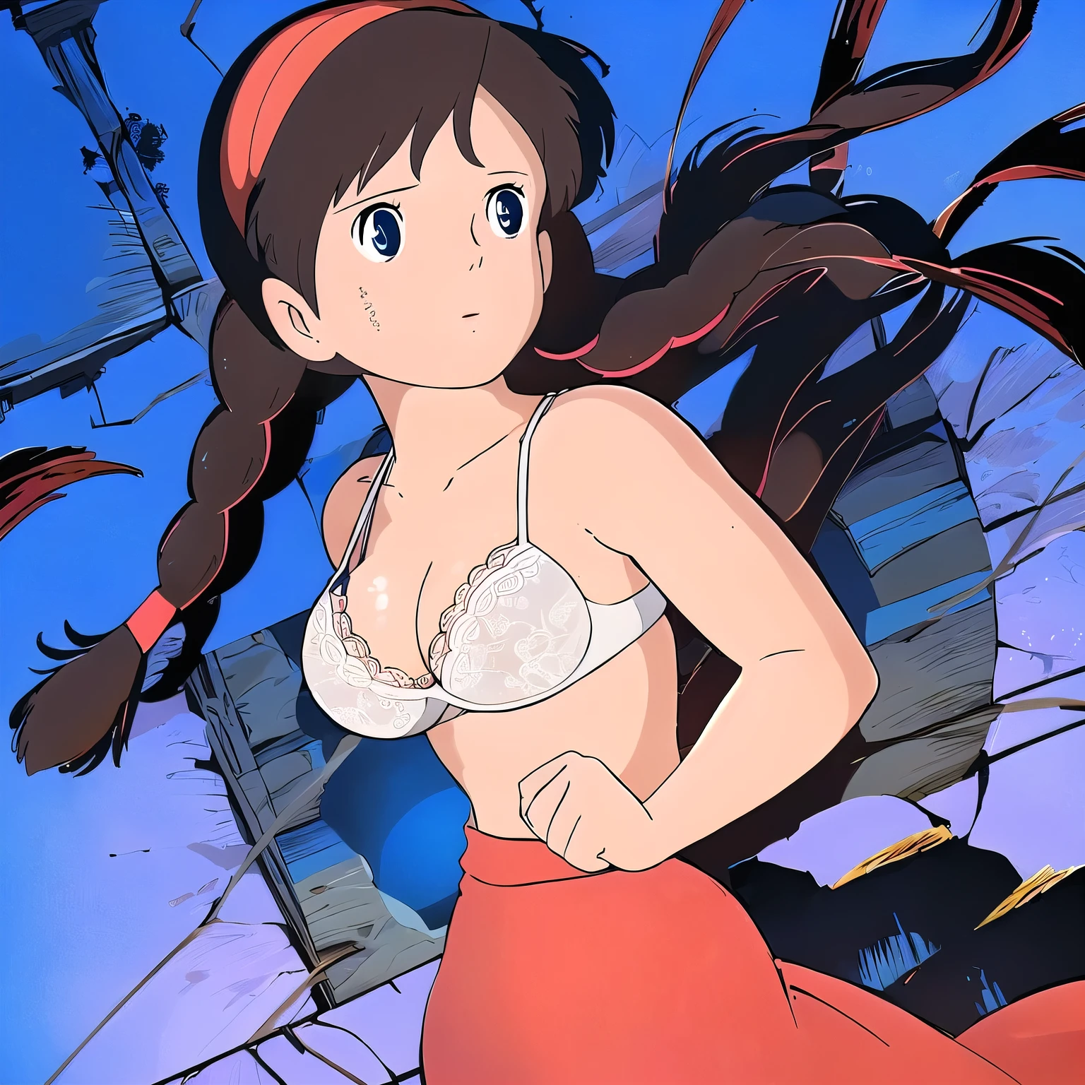 Sheeta,middle breast,ghibli,anime coloring,
Braid,layouts,
(((White lace bra))),detailed bra,,red skirt,
blue sky, ,highest quality, High resolution, unity 8k wallpaper, (figure:0.8), (detailed and beautiful eyes:1.6), highly detailed face, perfect lighting, Highly detailed CG, (perfect hands, perfect anatomy),masterpiece,High resolution,perfect anatomy,anime key visual,(detailed and beautiful eyes,glowing eyes,detailed hair,detailed skin,detailed wear ),highest quality,unity 8k wallpaper,super dense skin,white skin,best quality,blurry_background,