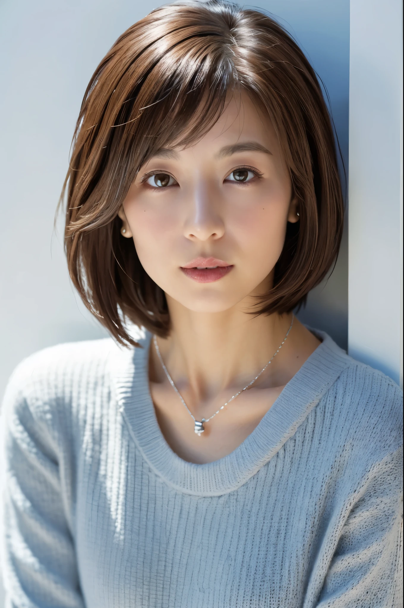 white wall, Taken in front of the white door, (white wall room with window), shot in natural light, Highly detailed face and skin texture, highly detailed lips, correct state of the human body, Super high resolution, (Photoreal:1.4), top quality, 1 beautiful woman, 30 years old, 100mm lens, Light Blue Knit, (Dark brown medium shorthair), Skinny Japanese woman with bob, (dark brown hair), Versatile poses, looking at the camera, natural color lip, Winter clothes, necklace