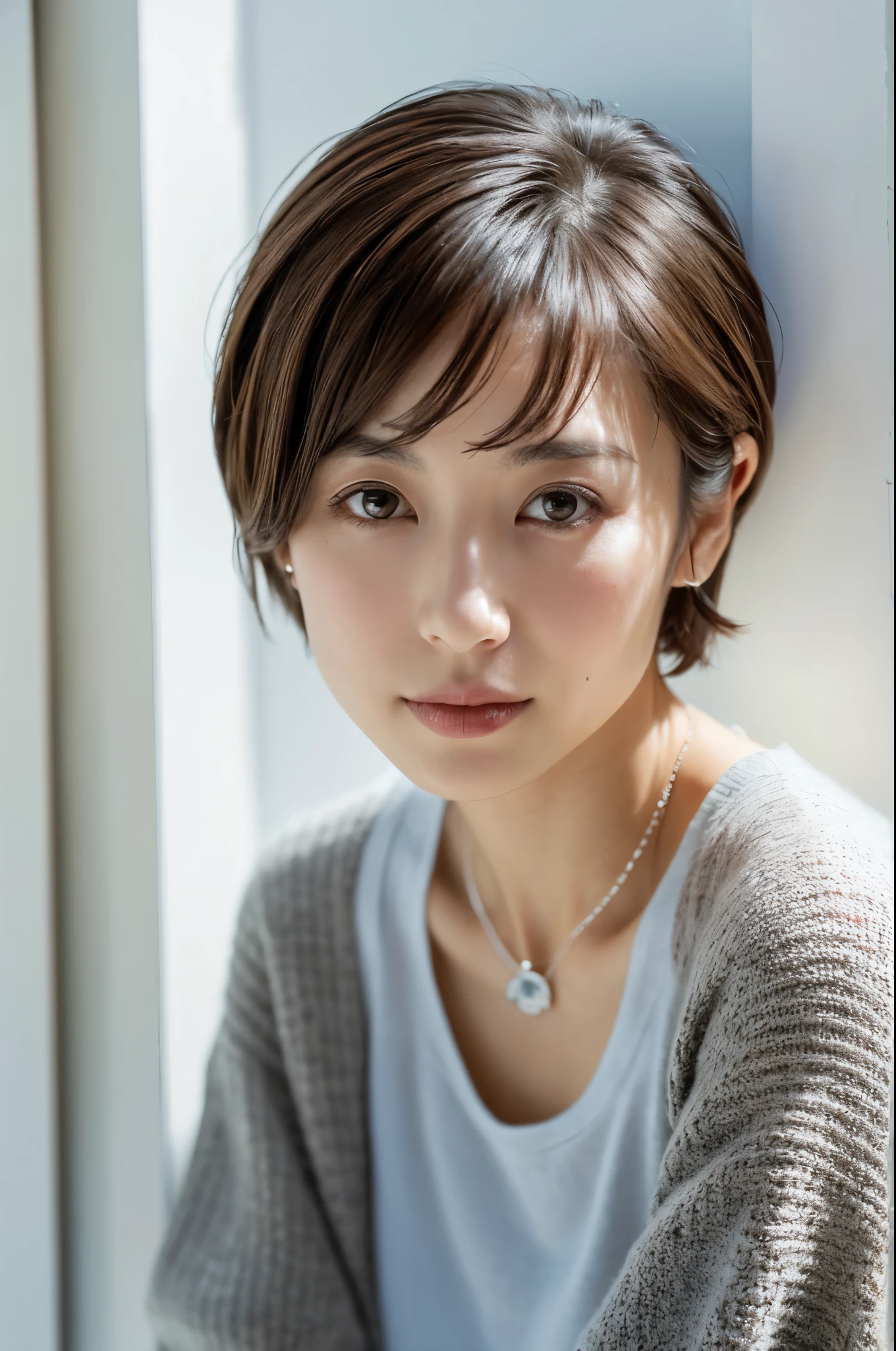 white wall, Taken in front of the white door, (white wall room with window), shot in natural light, Highly detailed face and skin texture, highly detailed lips, correct state of the human body, Super high resolution, (Photoreal:1.4), top quality, 1 beautiful woman, 30 years old, 100mm lens, Light Blue Knit, (Dark brown medium shorthair), Skinny Japanese woman with bob, (dark brown hair), Versatile poses, looking at the camera, natural color lip, Winter clothes, necklace