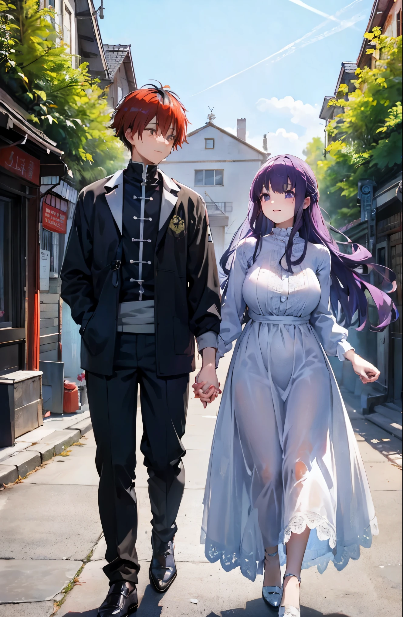 purple hair、long hair、big breasts、pure white wedding dress、happy face、sunshine、date、Highest image quality、シュタルクとdate、hold hands with a man