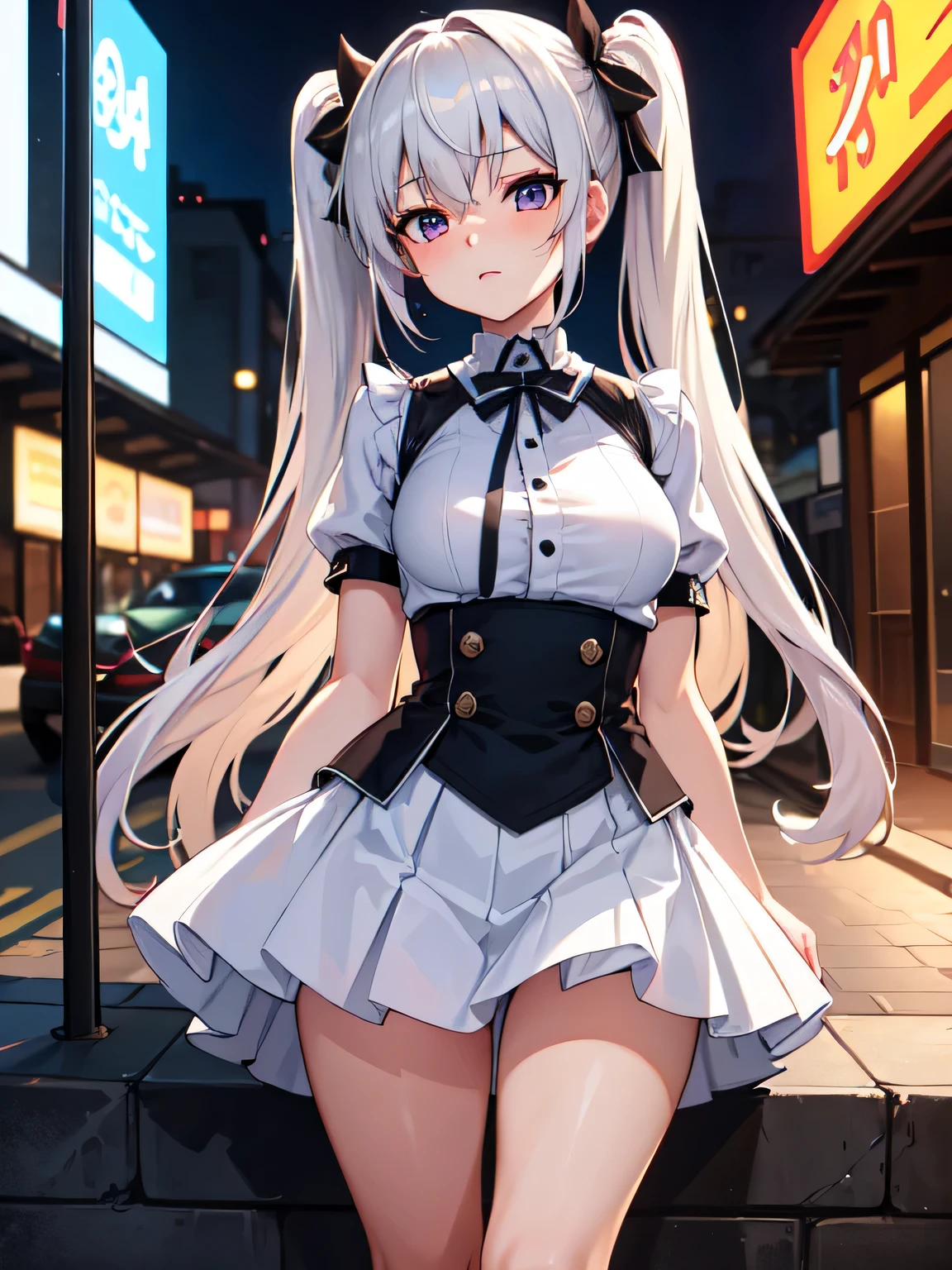 All intricate details: "(masterpiece, best quality, HuTaoV4, 1girl, solo, blush, twintails, long hair, hair between eyes, ((streetwear clothes)), city, outdoors, night, movie poster, extremely detailed 8K, fir breats, medium breasts, smooth, high resolution, ultra quality, extremely thin and light clothing transparent as air, cinematic lighting, ambient occlusion, hd, 2k, 4k, 8k, 16k, extremely detailed anime, detailed faces, perfect composition, wide shot, atmospheric lighting, very sexy, lift skirt, random low angle, uncensored, nsfw)"