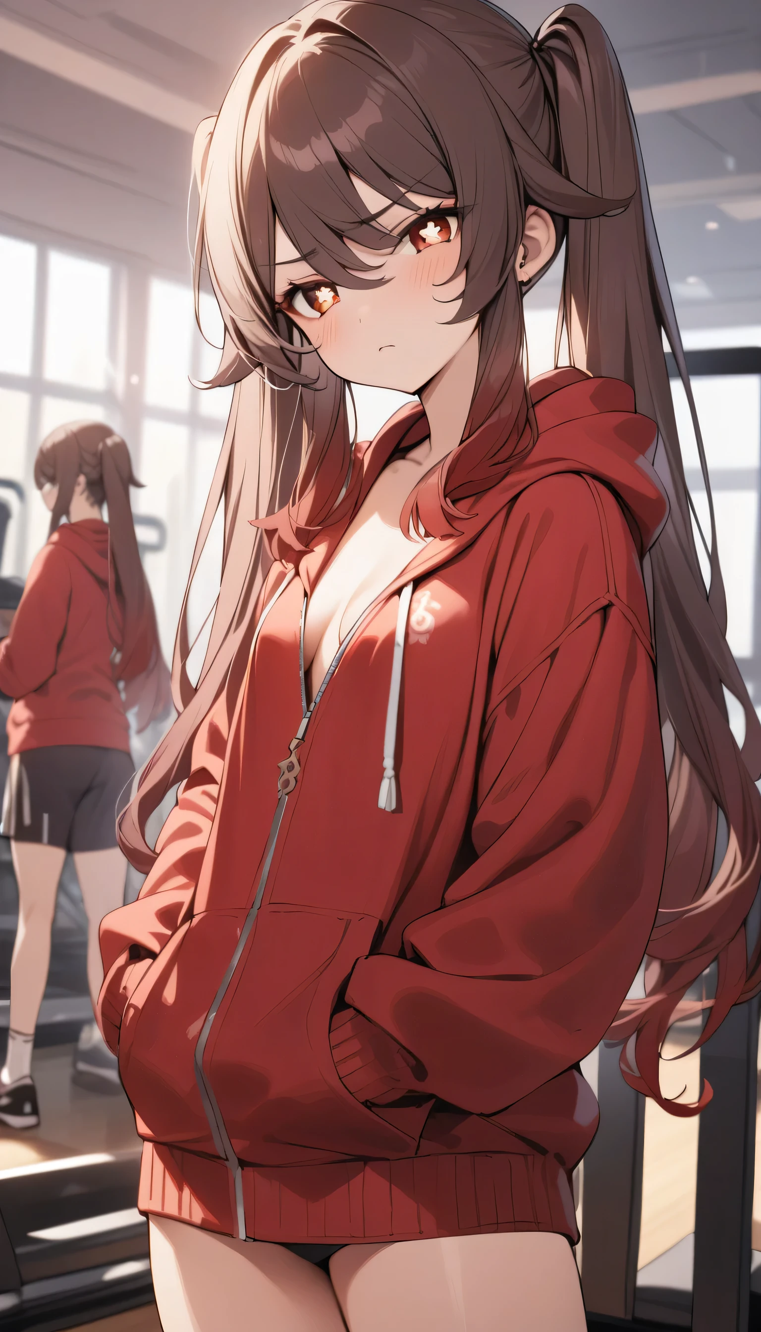 (masterpiece), best quality, expressive eyes, perfect face, low angle, Hu Tao, genshin impact, long hair, twintails, standing, in red hoodie, deep cleavage, small breasts, expressionless, half-closed eyes, bored, annoyed, looking at viewer, gym background,