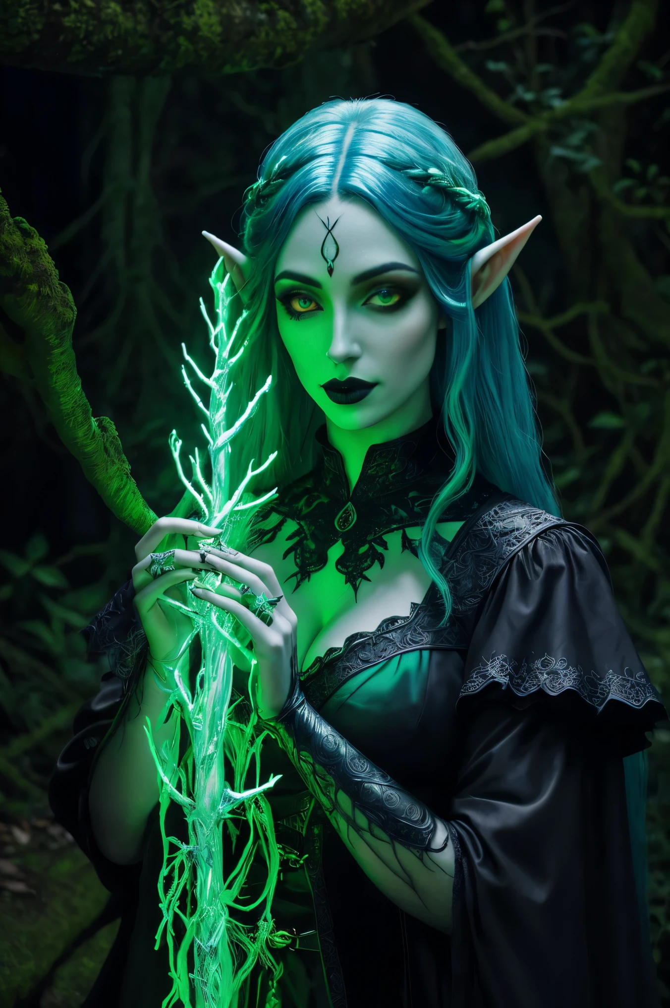 , photograph of a gothic elf, Pele branca, tronco, cabelo verde, floresta, realismo, UV intrincado_fluorescence, gradiente, colorida, brilhante