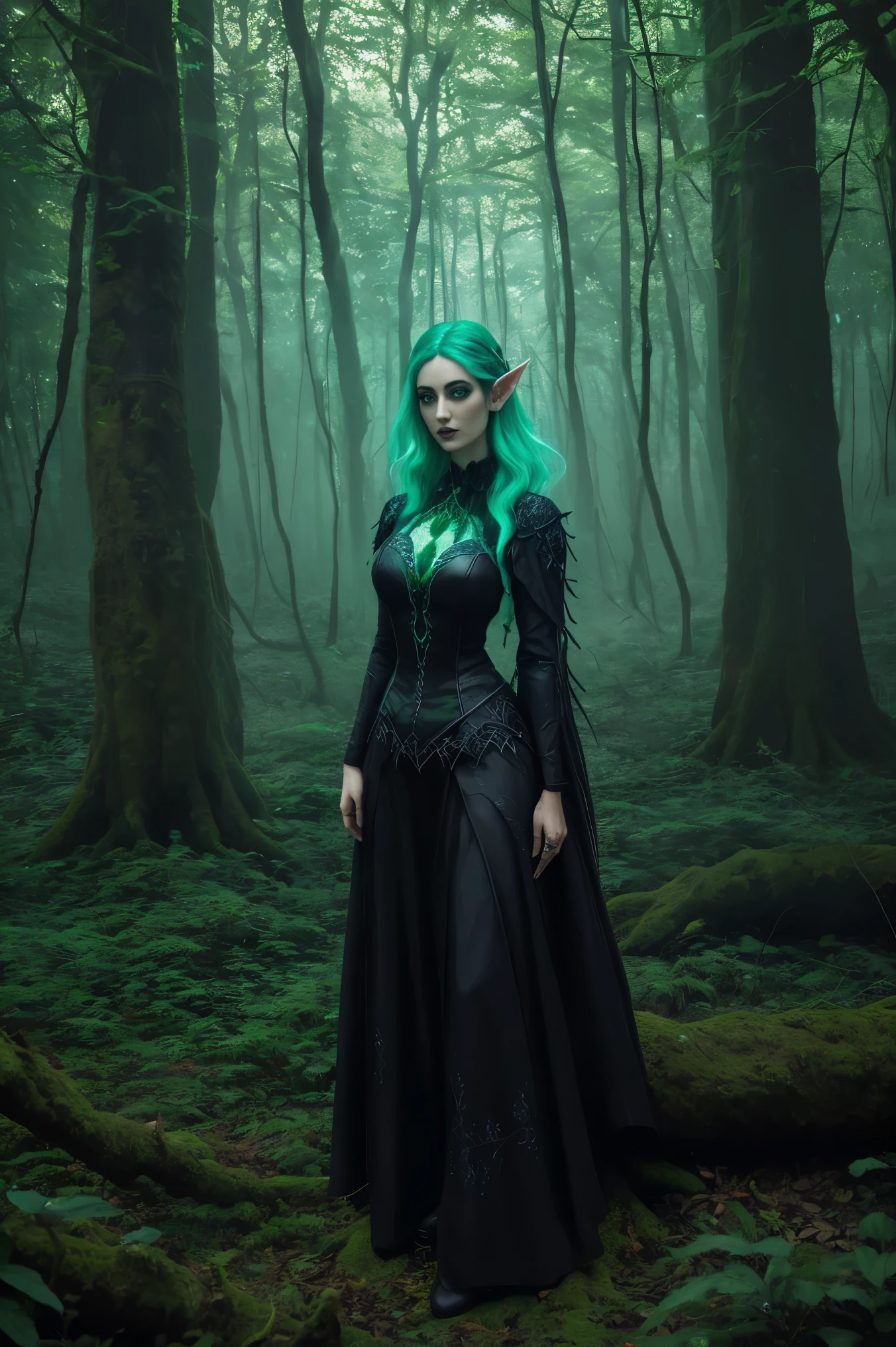 , photograph of a gothic elf, Pele branca, tronco, cabelo verde, floresta, realismo, UV intrincado_fluorescence, gradiente, colorida, brilhante