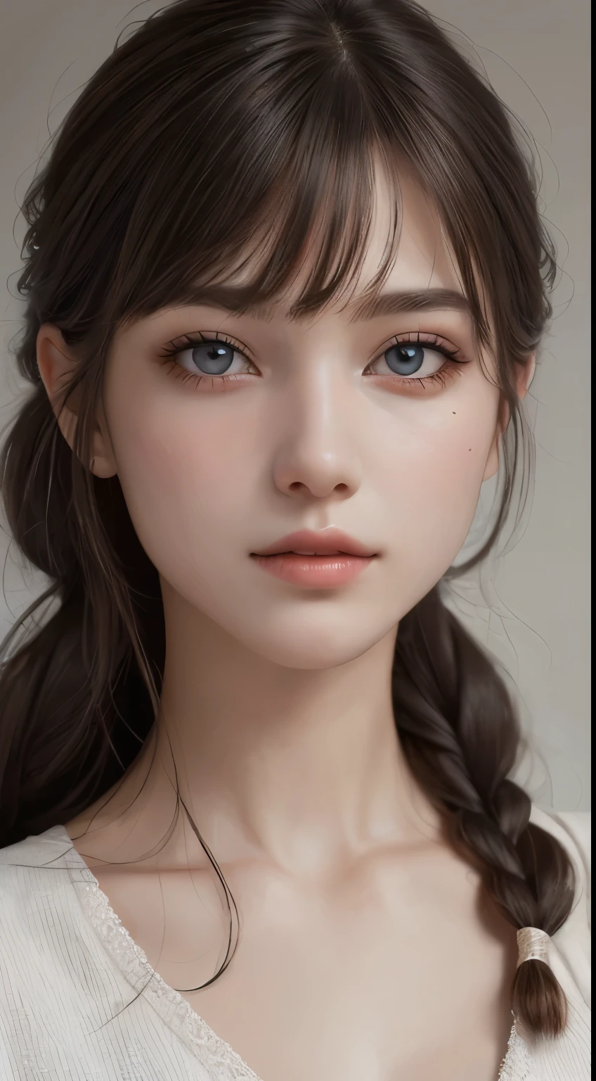 (photograph:1.2)、(photorealistic:1.3)、(masterpiece:1.3)、(Highest image quality:1.4)、ultra high resolution、realistic eyes、 (detailed eyes)、(detailed facial features)、(Detailed garment features)、8K resolution、solo focus、26 year old cute woman、small face、Detailed leal beautiful eyes、bangs、gold hair、long cut hair, braided  hair、(realistic skin)、beautiful skin、charming、ultra high resolution、Super realistic、High definition、Camisa branca aberta,middlebre、small breasts、bust B cup、cinematic lighting、perfect、soft light、High resolution skin:1.2、realistic skin texture、