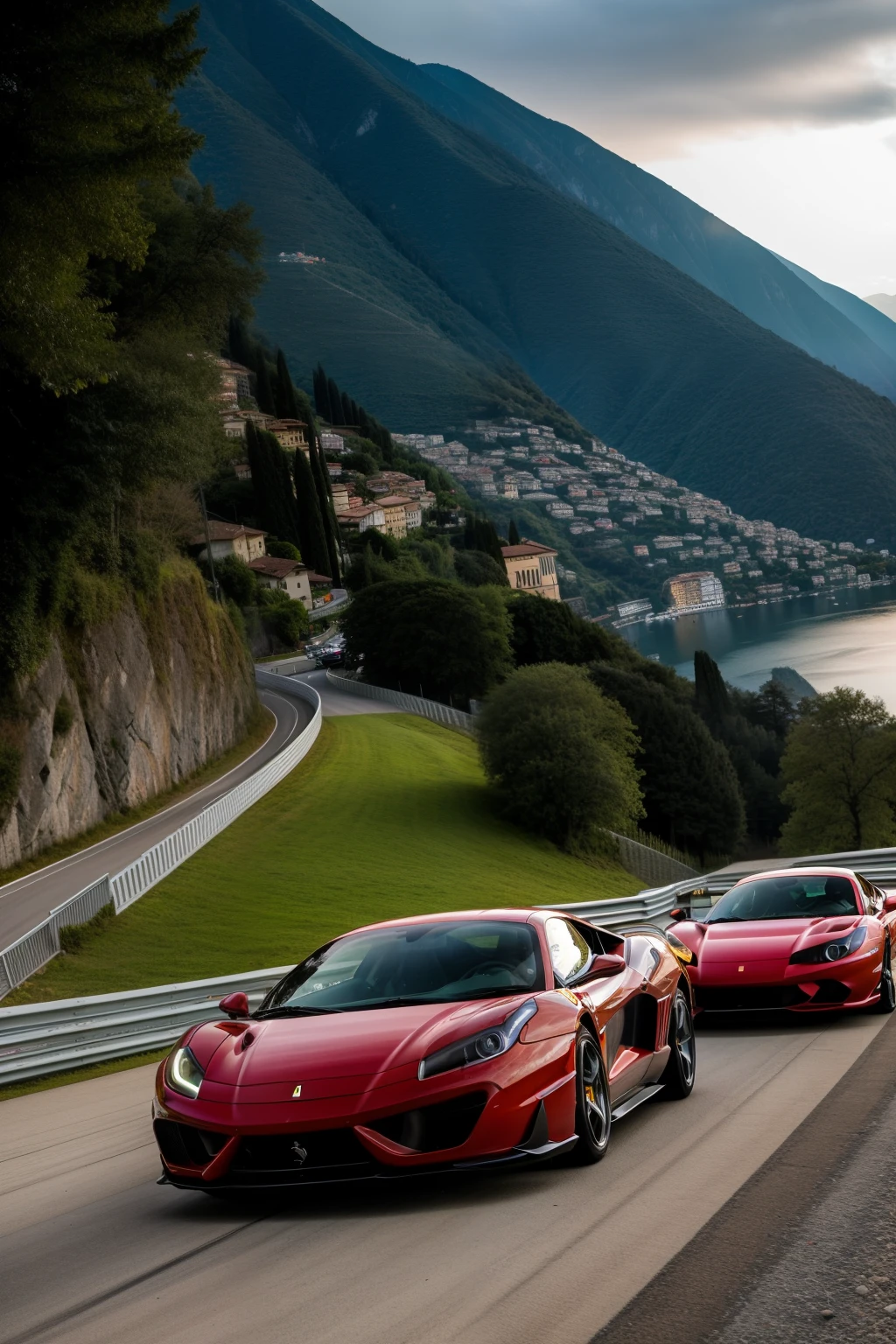 A breathtaking scene unfolds as the sun begins its descent over the shimmering waters of Lake Como. The vibrant red Ferrari Testarossa and the sleek Ducati Streetfighter engage in an exhilarating race along the picturesque lakeside at the bewitching hour of 18:00. The powerful engines roar, echoing through the surrounding mountains as these legendary machines push the boundaries of speed and performance. The golden rays of the setting sun dance upon the sleek exteriors of the vehicles, creating a mesmerizing display of light and shadows. The air is filled with excitement and adrenaline as both drivers navigate the winding roads with unmatched skill and precision. This adrenaline-fueled spectacle is a true testament to the passion and thrill of high-speed racing, capturing the essence of