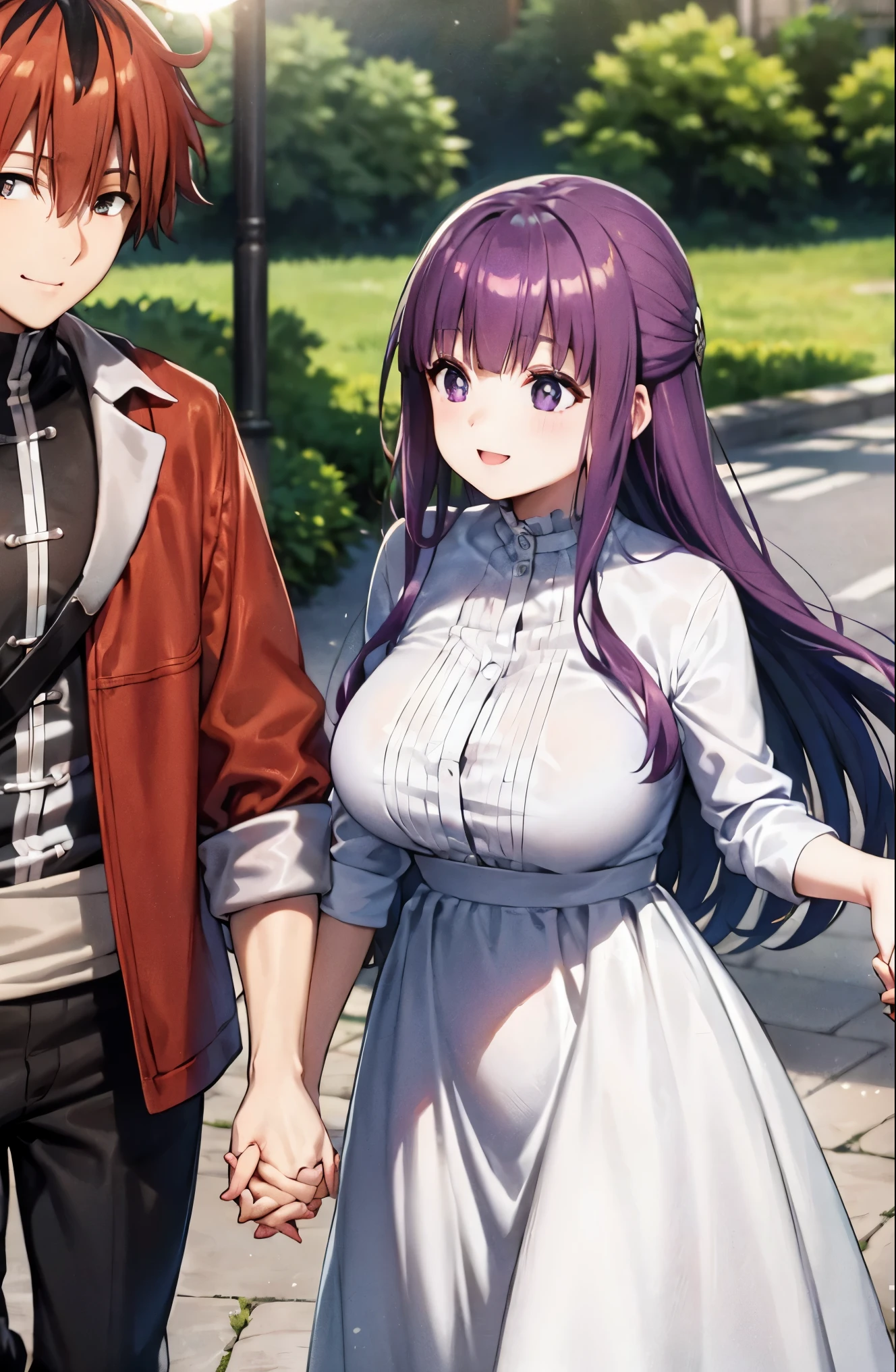 purple hair、long hair、big breasts、pure white wedding dress、happy face、sunshine、date、Highest image quality、シュタルクとdate、hold hands with a man