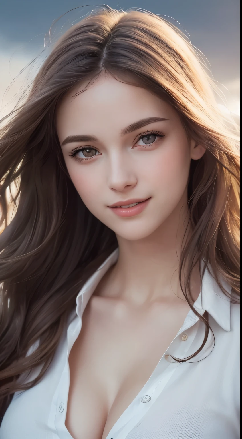 (photograph:1.2)、(photorealistic:1.3)、(masterpiece:1.3)、(Highest image quality:1.4)、ultra high resolution、realistic eyes、 (detailed eyes)、(detailed facial features)、(Detailed garment features)、8K resolution、solo focus、26 year old cute woman、small face、Detailed leal beautiful eyes、bangs、gold hair、long cut hair, braided  hair、(realistic skin)、beautiful skin、charming、ultra high resolution、Super realistic、High definition、Camisa branca aberta,middlebre、small breasts、bust B cup、cinematic lighting、perfect、soft light、High resolution skin:1.2、realistic skin texture、masterpiece, ultra high res, (photorealistic:1.4), 8k, RAW photo, best quality, detailed shadow, best quality, soft lighting, sharp focus, bokeh, 1girl, (winter school uniform:1.2), (laugh:1.4), (light brown medium hair:1), (wavy hair:1.3), (floating hair:1.4), (bangs,1.4), (huge breasts:1.2), (perfect face:1.5), super detailed beautiful skin, (abs:0.9), (teenage:1), (collarbones:1), (wide forehead:1.4), (skinny:1.2), (narrow weist:1.8),