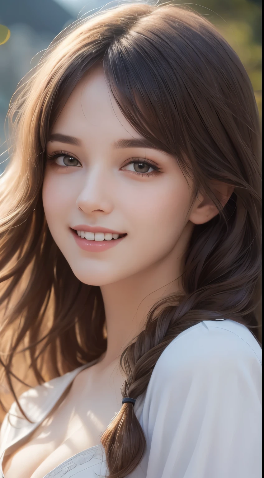 (photograph:1.2)、(photorealistic:1.3)、(masterpiece:1.3)、(Highest image quality:1.4)、ultra high resolution、realistic eyes、 (detailed eyes)、(detailed facial features)、(Detailed garment features)、8K resolution、solo focus、26 year old cute woman、small face、Detailed leal beautiful eyes、bangs、gold hair、long cut hair, braided hair、(realistic skin)、beautiful skin、charming、ultra high resolution、Super realistic、High definition、Camisa branca aberta,middlebre、small breasts、bust B cup、cinematic lighting、perfect、soft light、High resolution skin:1.2、realistic skin texture、masterpiece, ultra high res, (photorealistic:1.4), 8k, RAW photo, best quality, detailed shadow, best quality, soft lighting, sharp focus, bokeh, 1girl, (winter school uniform:1.2), (laugh:1.4), (light brown medium hair:1), (wavy hair:1.3), (floating hair:1.4), (bangs,1.4), (huge breasts:1.2), (perfect face:1.5), super detailed beautiful skin, (abs:0.9), (teenage:1), (collarbones:1), (wide forehead:1.4), (skinny:1.2), (narrow weist:1.8),