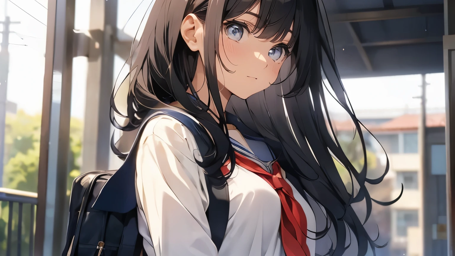 crying、crying、black hair、hair is long、18 year old female、chest is big、high school girl、Sarah uniform、morning、have a bag、one's home、tearsを流している、tears、crying a lot