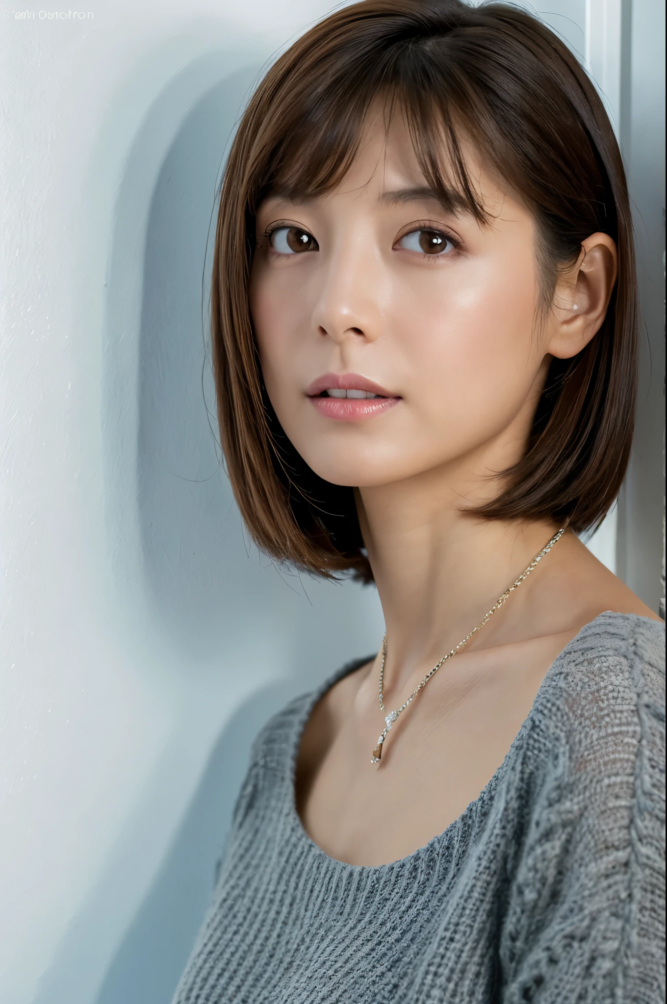 white wall, Taken in front of the white door, (white wall room with window), shot in natural light, Highly detailed face and skin texture, highly detailed lips, correct state of the human body, Super high resolution, (Photoreal:1.4), top quality, 1 beautiful woman, 30 years old, 100mm lens, Light Blue Knit, (Dark brown medium shorthair), Skinny Japanese woman with bob, (dark brown hair), Versatile poses, looking at the camera, natural color lip, Winter clothes, necklace