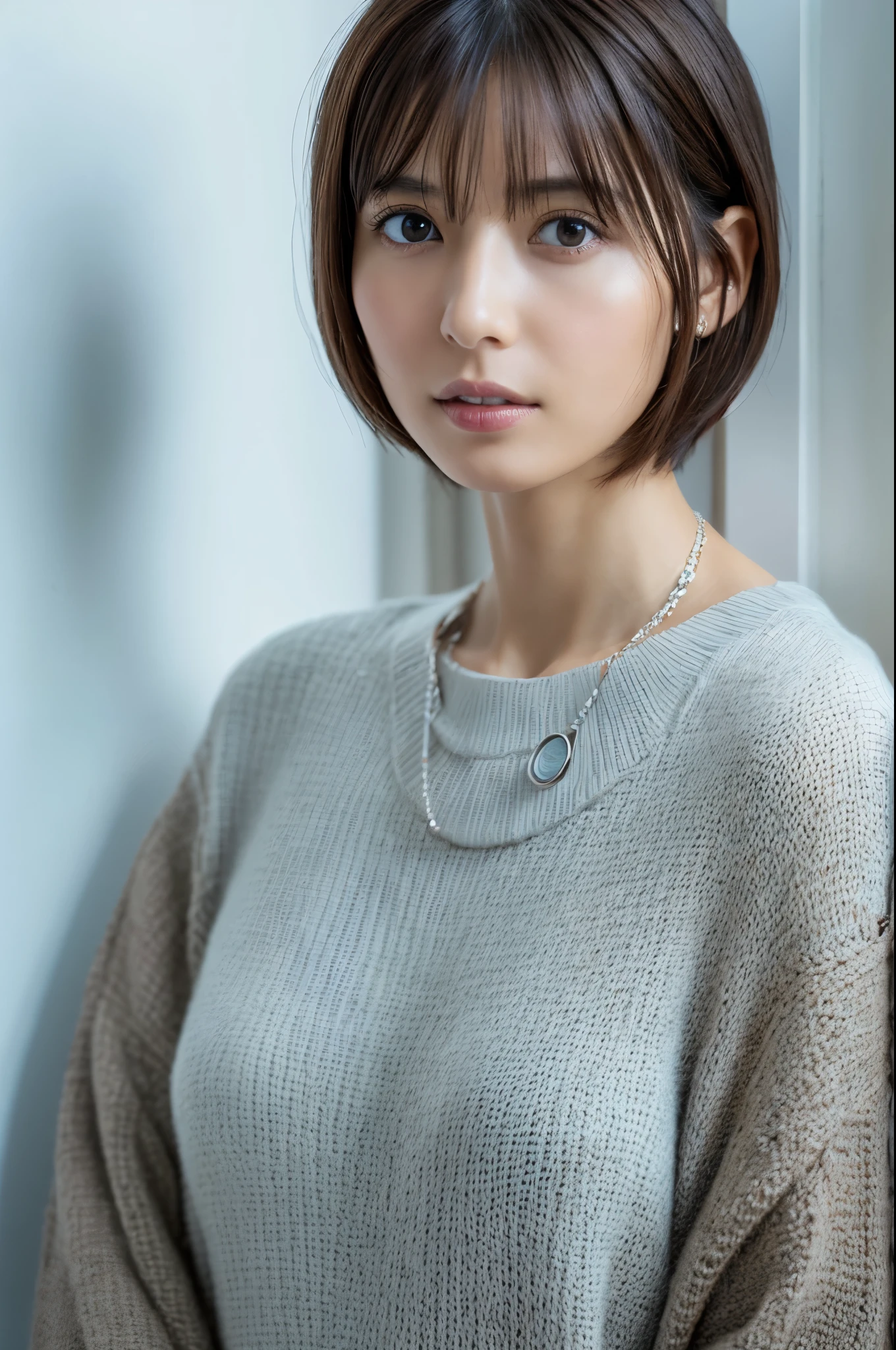 white wall, Taken in front of the white door, (white wall room with window), shot in natural light, Highly detailed face and skin texture, highly detailed lips, correct state of the human body, Super high resolution, (Photoreal:1.4), top quality, 1 beautiful woman, 30 years old, 100mm lens, Light Blue Knit, (Dark brown medium shorthair), Skinny Japanese woman with bob, (dark brown hair), Versatile poses, looking at the camera, natural color lip, Winter clothes, necklace