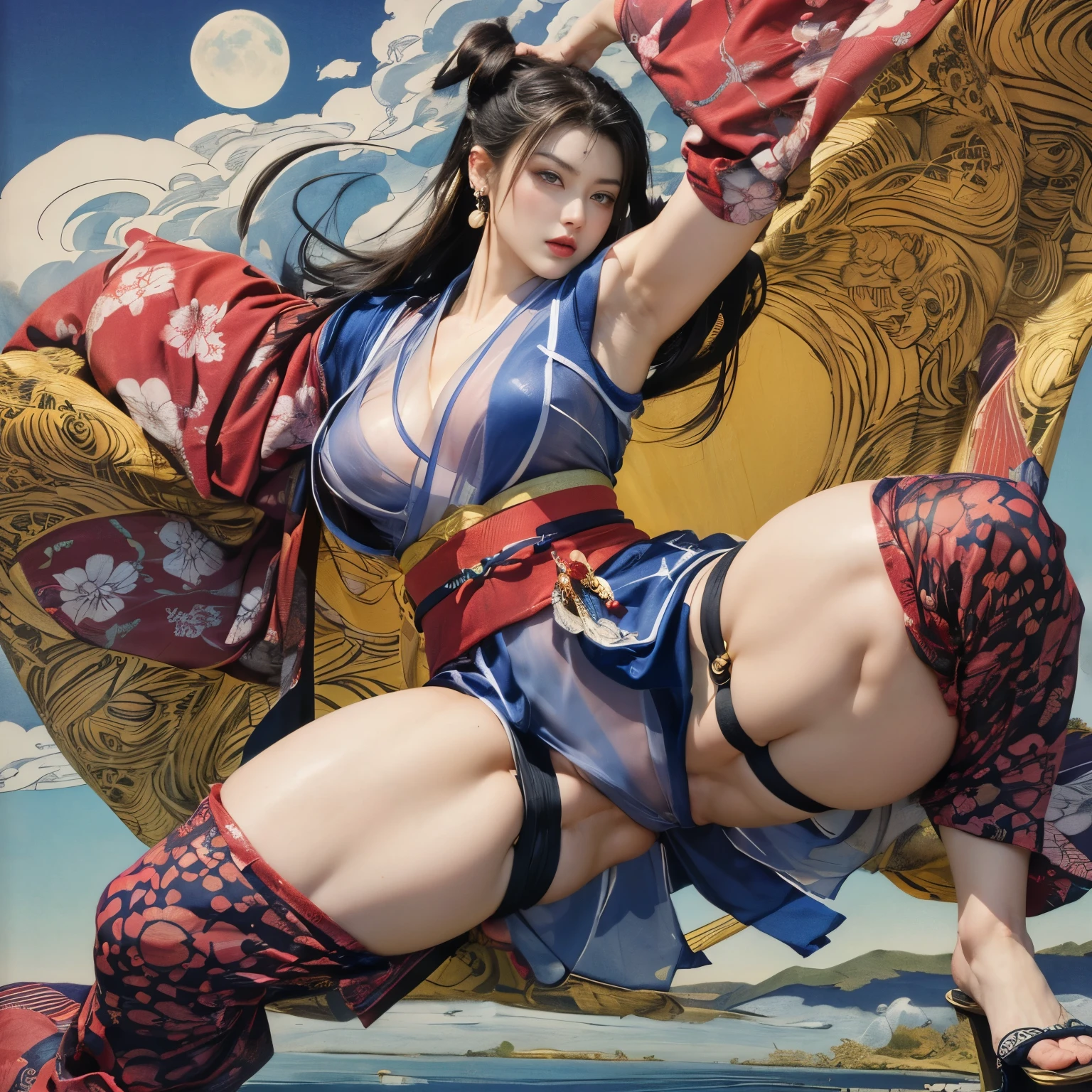 (masterpiece, top quality, best quality, official art, beauty:1.2),（The most detailed and clear facial features：2.0，facial contour：1.0） (1 Japanese Chunli:1.5), Very detailed,(Ukiyo-e艺术:1.1),(Ukiyo-e，colorful:1.1)(flowers:1.3),most detailed,(Zentangle:1.2), (dynamic poses，Showing thighs:2.0), (Blue sky and white clouds moon background:1.3), (Japanese kimono:1.2，Kimono transparent:1.5), (spread legs，Create radiant skin，Camel toe pubis：1.2), (Many colors:1.4), ,(earrings:1.4),