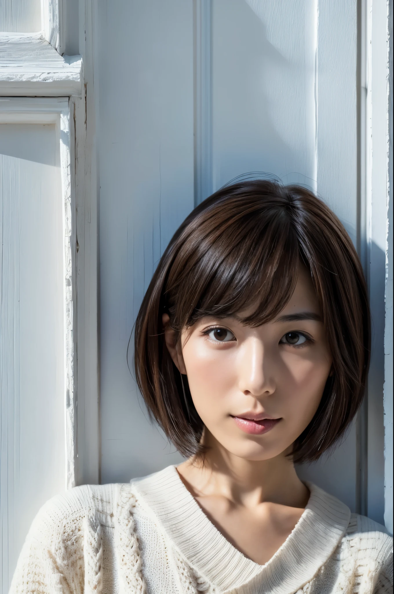 white wall, Taken in front of the white door, (white wall room with window), shot in natural light, Highly detailed face and skin texture, highly detailed lips, correct state of the human body, Super high resolution, (Photoreal:1.4), top quality, 1 beautiful woman, 30 years old, 100mm lens, Light Blue Knit, (Dark brown medium shorthair), Skinny Japanese woman with bob, (dark brown hair), Versatile poses, looking at the camera, natural color lip, Winter clothes, necklace
