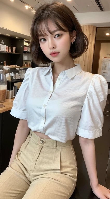 ((highest quality, 8k, masterpiece :1.3)), 1 girl, 25 years old、A cute woman who emphasizes her slender abdominal muscles :1.3, brown short curly hair :1.2 blue short sleeve blouse、Hair bouncing on the shoulders、swaying hair、Short hair、 :1.2, super detailed face, fine eyes, double eyelid,Drink a frappuccino、white sabrina pants、sit、Cafe