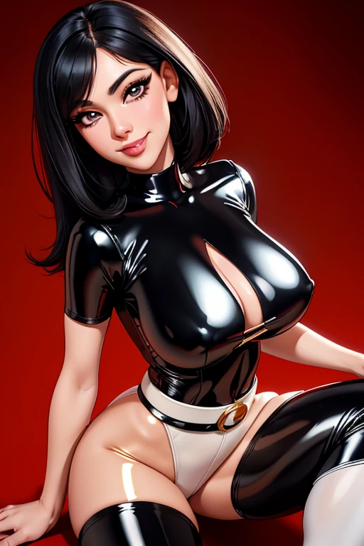 (best quality,8k,woman,straight black hair,beautiful,big fake eyelashes,little smile,cleavage,shiny red latex leotard over white shiny pantyhose,golden belt,flying,neutral scenario),ultra-detailed,realistic,portrait,high contrast,soft lighting,blurred background,vibrant colors,subtle shadows