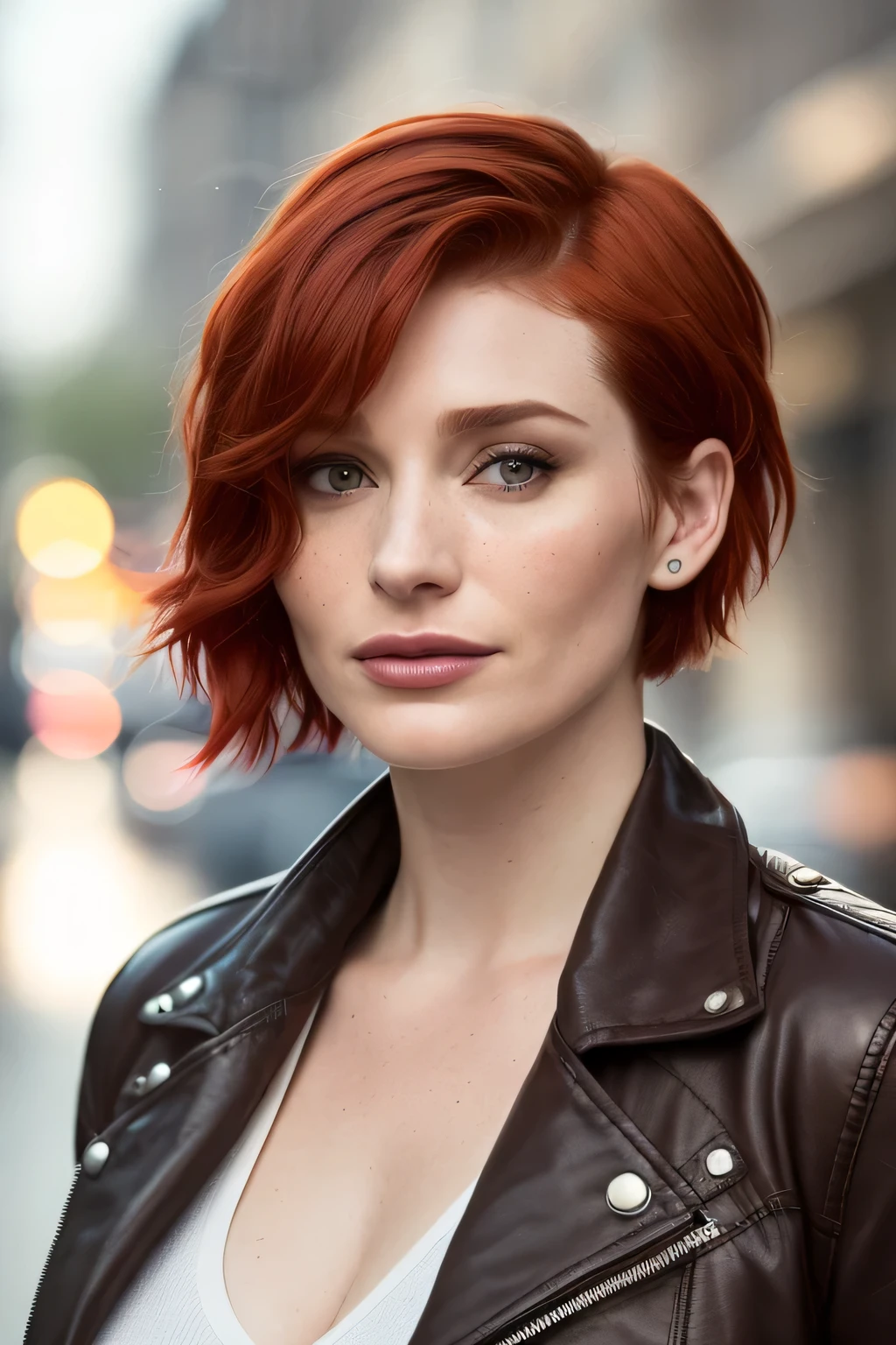 a photo of a seductive woman with loose styled ( red chanel short hair:1.1), Bryce Dallas Howard, enjoyed, in street,night, she is wearing an brown leather jacket and leggings, no makeup, natural face, white skin, (textured skin, skin pores:1.1), goosebumps, flawless face, (light freckles:0.9), (sun-kissed:1.1), ((photorealistic):1.1), (raw, 8k:1.3),