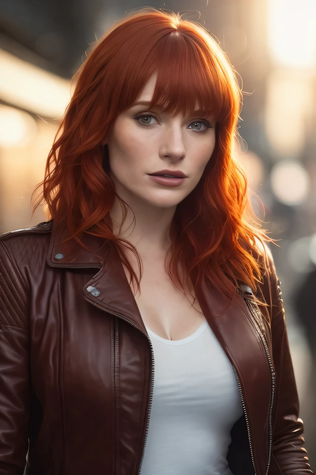 a photo of a seductive woman with loose styled ( red chanel hair:1.1),  Bryce Dallas Howard, enjoyed, in street,night, she is wearing an brown leather jacket and leggings, no makeup, natural face, white skin, (textured skin, skin pores:1.1), goosebumps, flawless face, (light freckles:0.9), (sun-kissed:1.1), ((photorealistic):1.1), (raw, 8k:1.3),