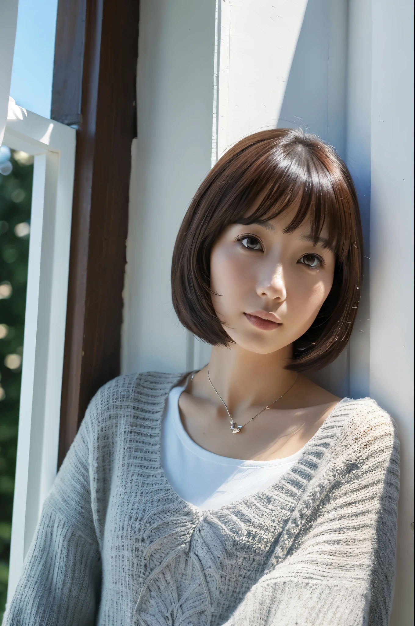 white wall, Taken in front of the white door, (white wall room with window), shot in natural light, Highly detailed face and skin texture, highly detailed lips, correct state of the human body, Super high resolution, (Photoreal:1.4), top quality, 1 beautiful woman, 30 years old, 100mm lens, Light Blue Knit, (Dark brown medium shorthair), Skinny Japanese woman with bob, (dark brown hair), Versatile poses, looking at the camera, natural color lip, Winter clothes, necklace