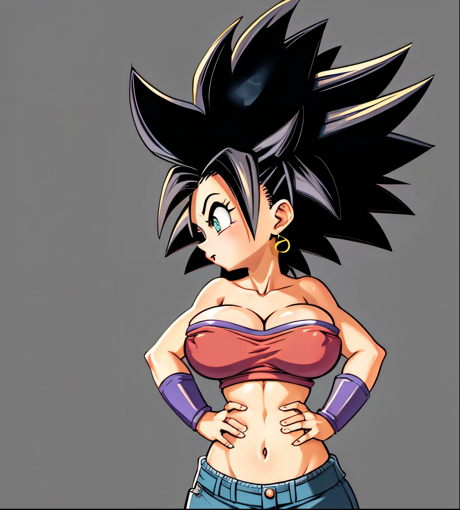 Master work, 4k resolucion,una caricatura de una mujer con un top rosa y una falda morada, chica saiyajin, goku femenino, pelo saiyajin negro puntiagudo salvaje, cell shadow adult animation, Estilo Akira Toriyama, inspirado en Akira Toriyama, pose rudo, cel - shading art style, akira toriyama, dragon ball art style, Dragon Ball Style, Cel sombreado!!!, caulifla from dragon ball super, huge breast, skinny body, [detailednipples], iris black, oppai breast, perfect drawing, perfect generating. Caulifla from dragon ball super, saiyajin caulifla, covered nipples