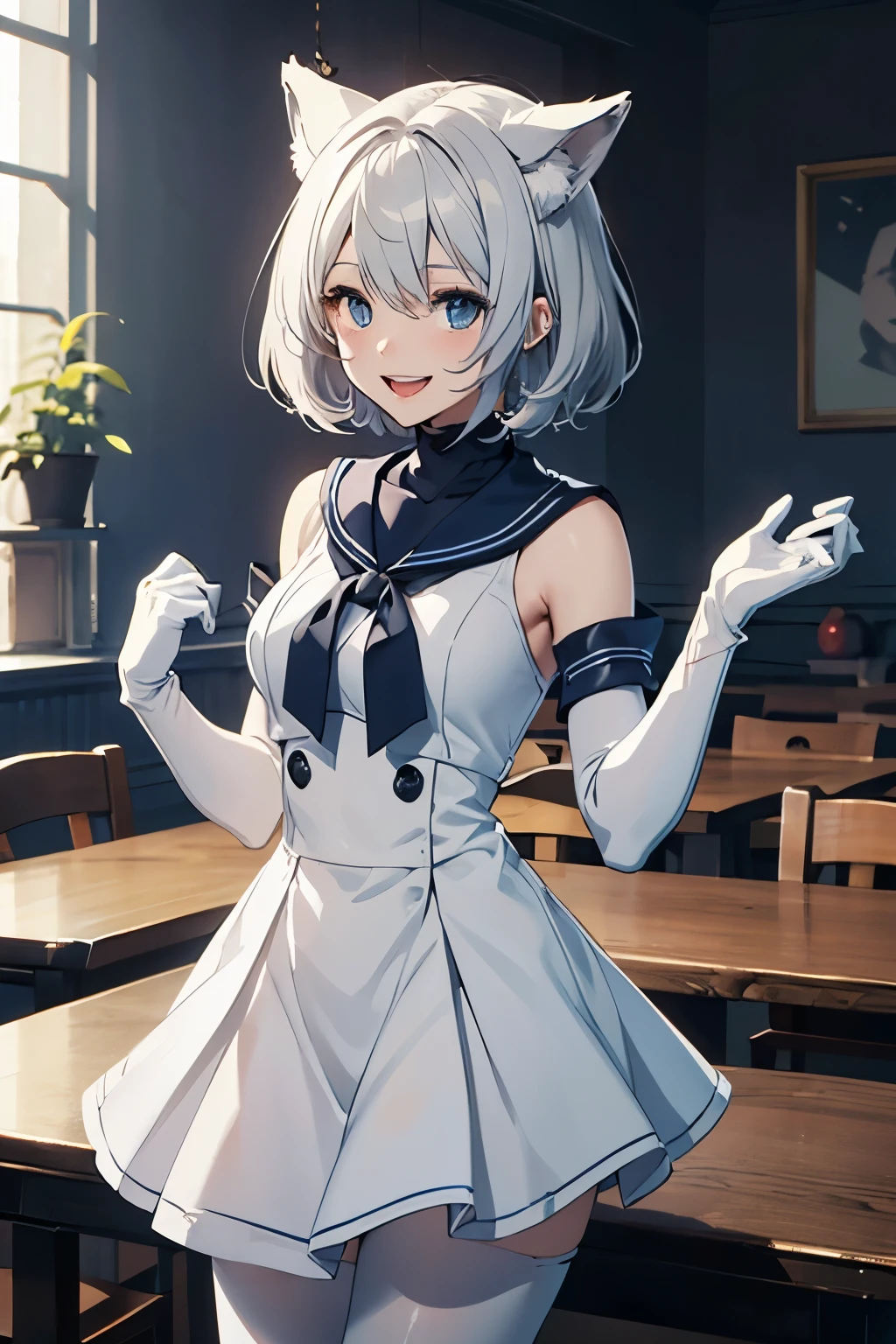 table top　High level image quality　best image quality　8K　 lady（I）　portrait　long gloves（（white gloves）（elbow gloves）（elbow））　white pantyhose（（blanche））　sailor suit（（sleeveless）　navy blue mini skirt　wolf ears　short hair（（shortcut）（gray hair）（perm）（fluffy））　eye color is blue　laughter（（open your mouth）（smile）　
