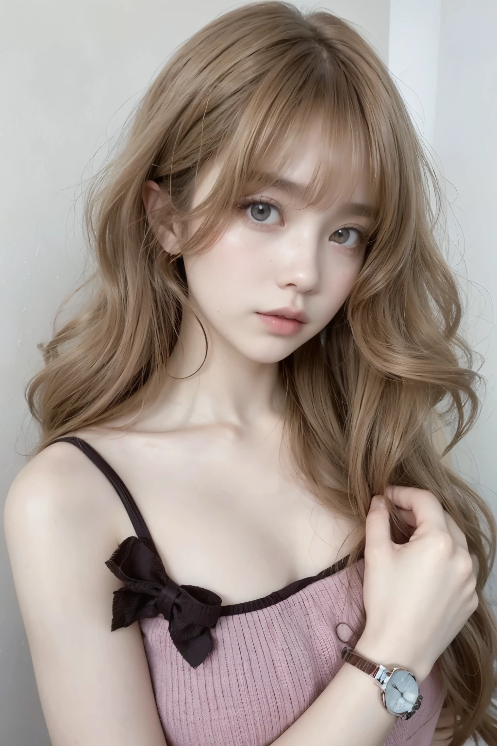un primer plano de una mujer con cabello largo y vestido rosa, Lalisa Manobal, pale and light skin!!, Pelo suave, long hair con flequillo, sakimichan, brown long hair con flequillo, con flequillo, brown bangs, el corte de hime, ilya kuvshinov con pelo largo, neat hair con flequillo, Lalisa Manoban de Blackpink