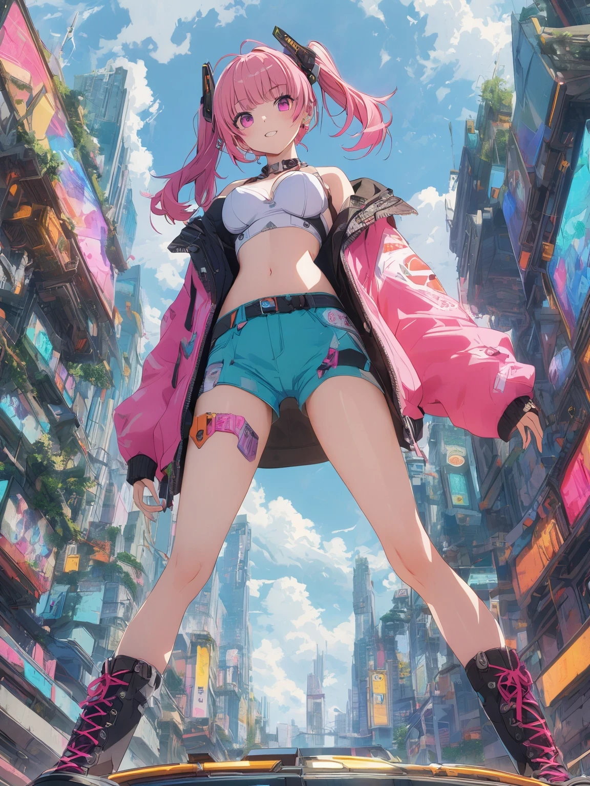 diy21,This image shows a female character in a futuristic city, Its design combines anime style and cyberpunk elements. Her costume and weapons are made of digital elements, Presenting a unique cyberpunk style. The background is an urban landscape of a futuristic city, Elements such as buildings and vehicles can be seen. This design is full of imagination and creativity, It shows a unique future urban world.