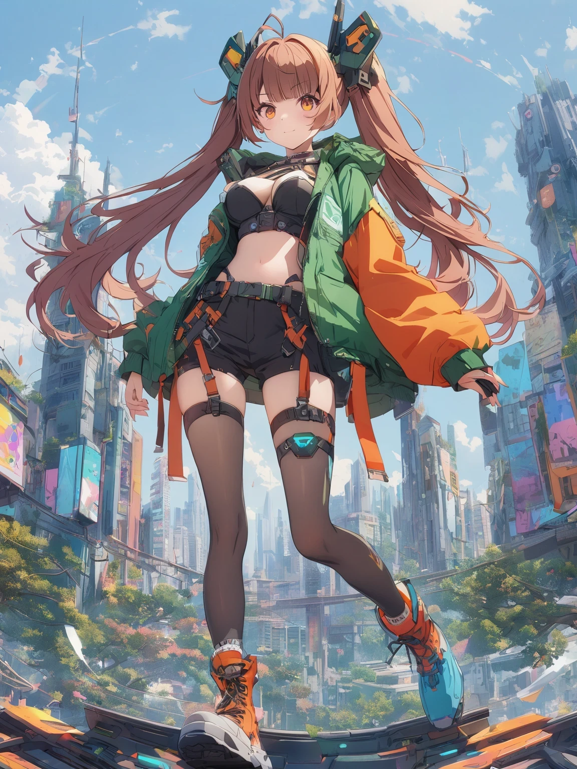diy21,This image shows a female character in a futuristic city, Its design combines anime style and cyberpunk elements. Her costume and weapons are made of digital elements, Presenting a unique cyberpunk style. The background is an urban landscape of a futuristic city, Elements such as buildings and vehicles can be seen. This design is full of imagination and creativity, It shows a unique future urban world.
