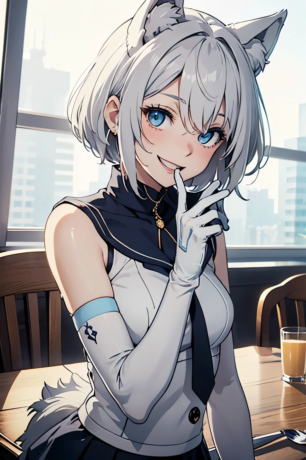table top High level image quality best image quality 8K lady(I) portrait long gloves((white gloves)(elbow gloves)(elbow)) white pantyhose((blanche)) sailor suit((sleeveless) navy blue mini skirt wolf ears short hair((shortcut)(gray hair)(perm)(fluffy)) eye color is blue laughter((open your mouth)(smile)