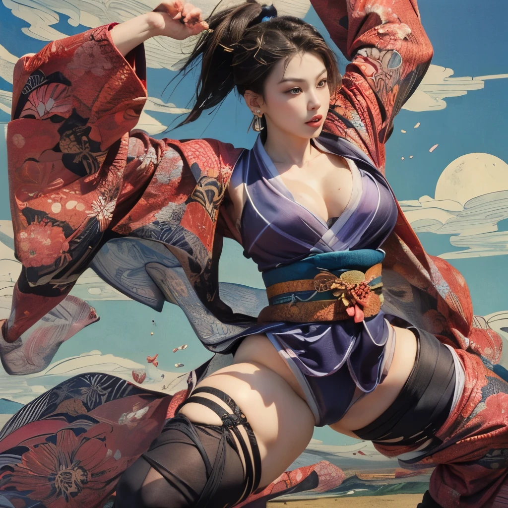 (masterpiece, top quality, best quality, official art, beauty:1.2),（The most detailed and clear facial features：2.0，Face profile：1.0） (1 Japanese Chunli:1.5), Very detailed,(Ukiyo-e艺术:1.1),(Ukiyo-e，rich and colorful:1.1)(flowers:1.3),most detailed,(Zentangle:1.2), (dynamic poses，Showing thighs:2.0), (Blue sky and white clouds moon background:1.3), (Japanese kimono:1.2，Kimono transparent:1.5), (spread legs，Create glowing skin，Camel toe pubis：1.2), (Many colors:1.4), ,(earrings:1.4),