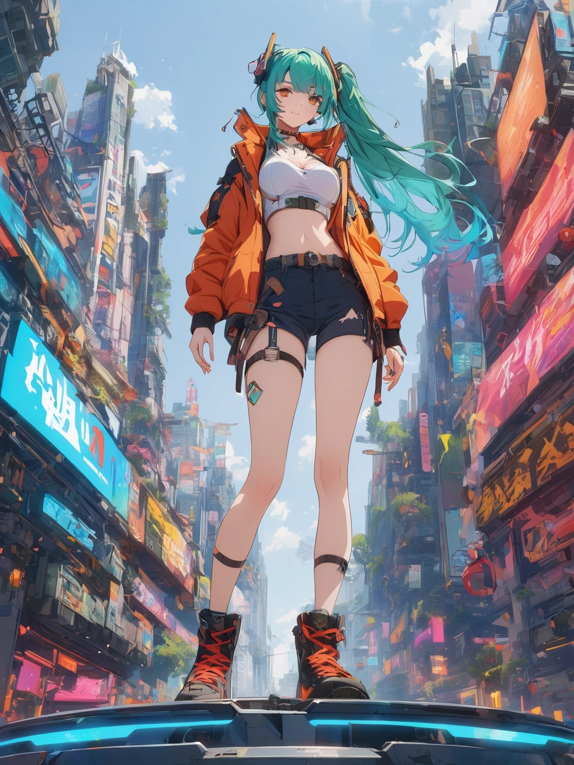 diy21,This image shows a female character in a futuristic city, Its design combines anime style and cyberpunk elements. Her costume and weapons are made of digital elements, Presenting a unique cyberpunk style. The background is an urban landscape of a futuristic city, Elements such as buildings and vehicles can be seen. This design is full of imagination and creativity, It shows a unique future urban world.