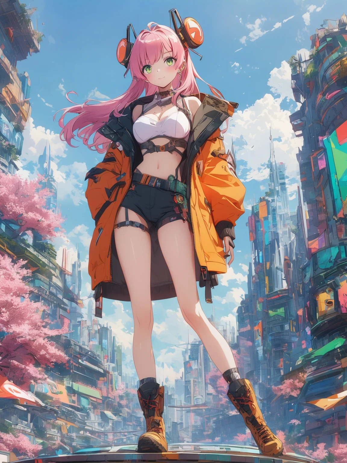 diy21，This image shows a female character in a futuristic city, Its design combines anime style and cyberpunk elements. Her costume and weapons are made of digital elements, Presenting a unique cyberpunk style. The background is an urban landscape of a futuristic city, Elements such as buildings and vehicles can be seen. This design is full of imagination and creativity, It shows a unique future urban world.
