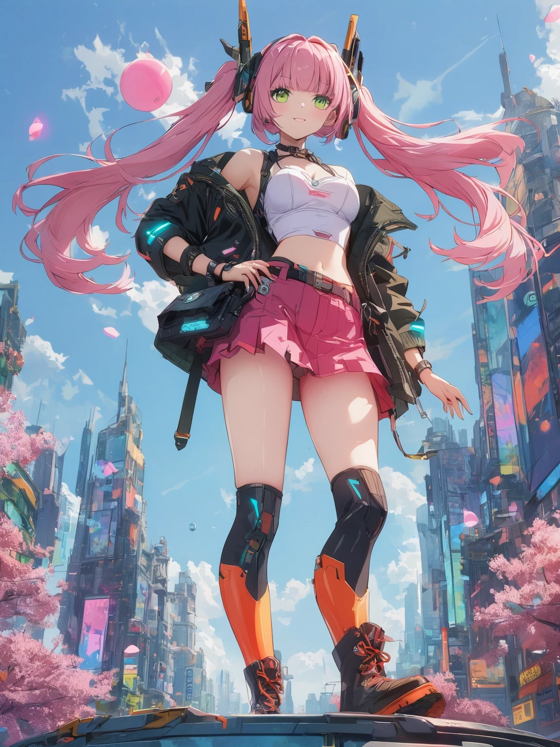 A woman in a short skirt and boots standing on a platform - SeaArt AI