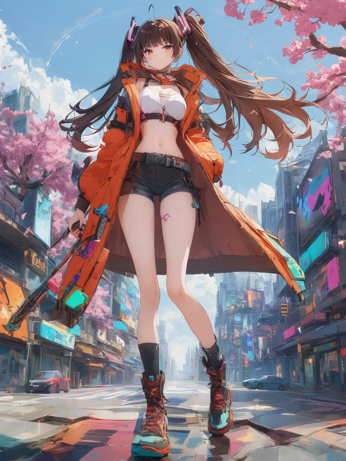 diy21,This image shows a female character in a futuristic city, Its design combines anime style and cyberpunk elements. Her costume and weapons are made of digital elements, Presenting a unique cyberpunk style. The background is an urban landscape of a futuristic city, Elements such as buildings and vehicles can be seen. This design is full of imagination and creativity, It shows a unique future urban world.