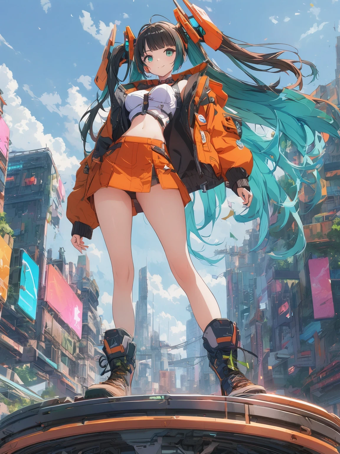 diy21,This image shows a female character in a futuristic city, Its design combines anime style and cyberpunk elements. Her costume and weapons are made of digital elements, Presenting a unique cyberpunk style. The background is an urban landscape of a futuristic city, Elements such as buildings and vehicles can be seen. This design is full of imagination and creativity, It shows a unique future urban world.
