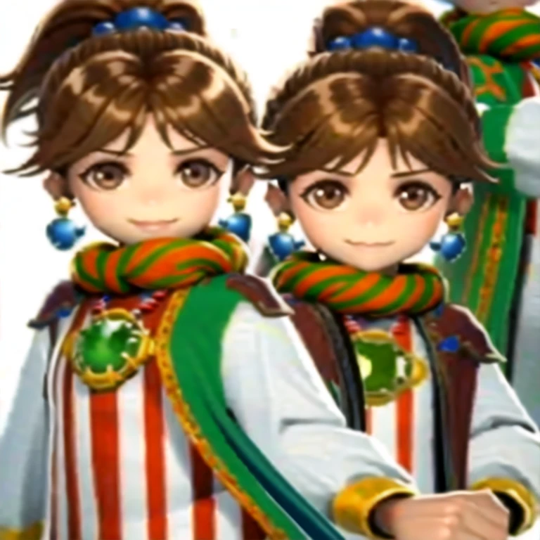 (masterpiece, best quality:1.2,pure white background,2d,anime style), 1girl, solo,porom \(final fantasy\),brown eyes,brown hair,cape,earrings,hair ornament,jewelry,long sleeves,looking at viewer,ponytail,smile